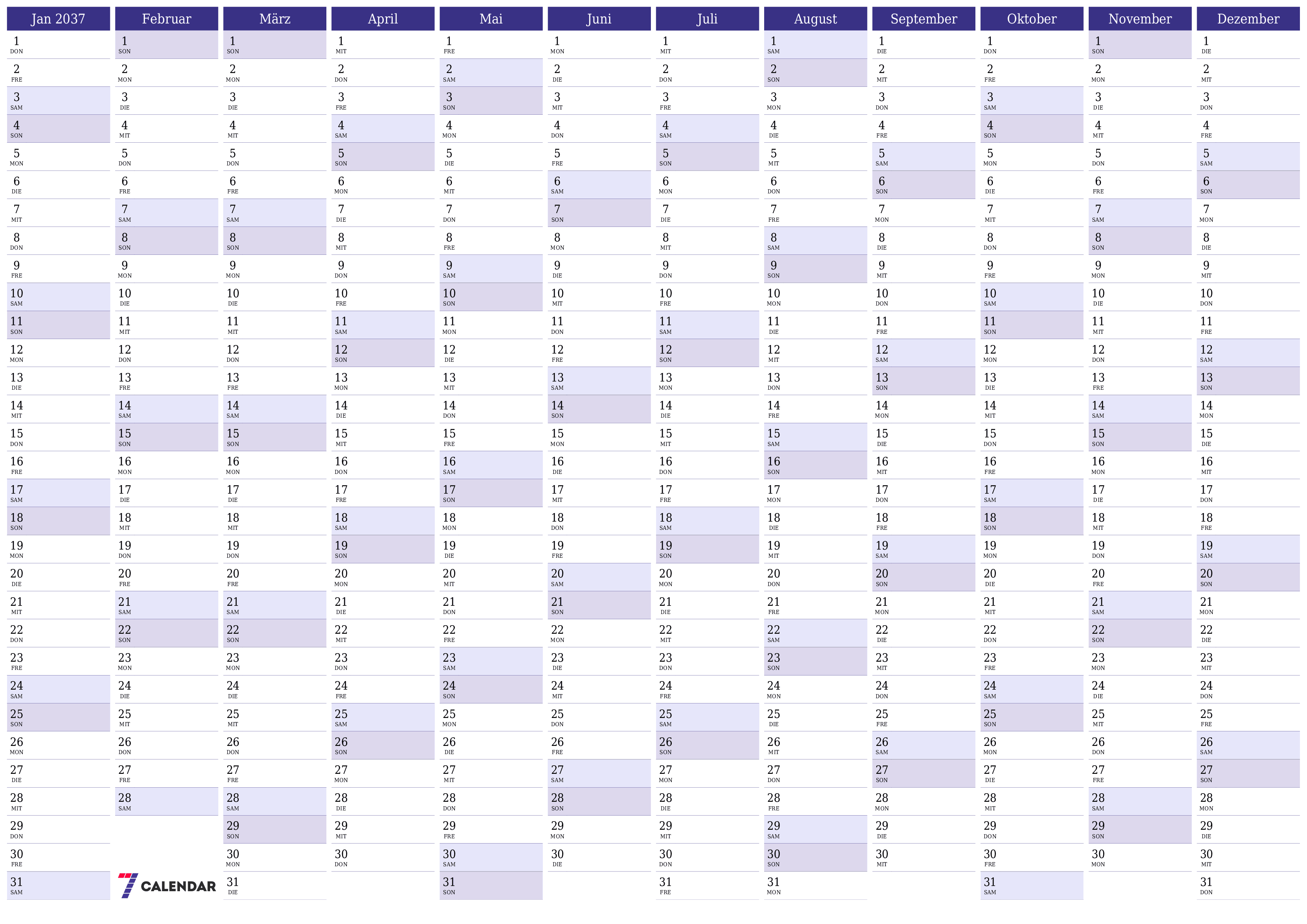 Jahresplanerkalender für das Jahr 2037 mit Notizen leeren, speichern und als PDF PNG German - 7calendar.com drucken