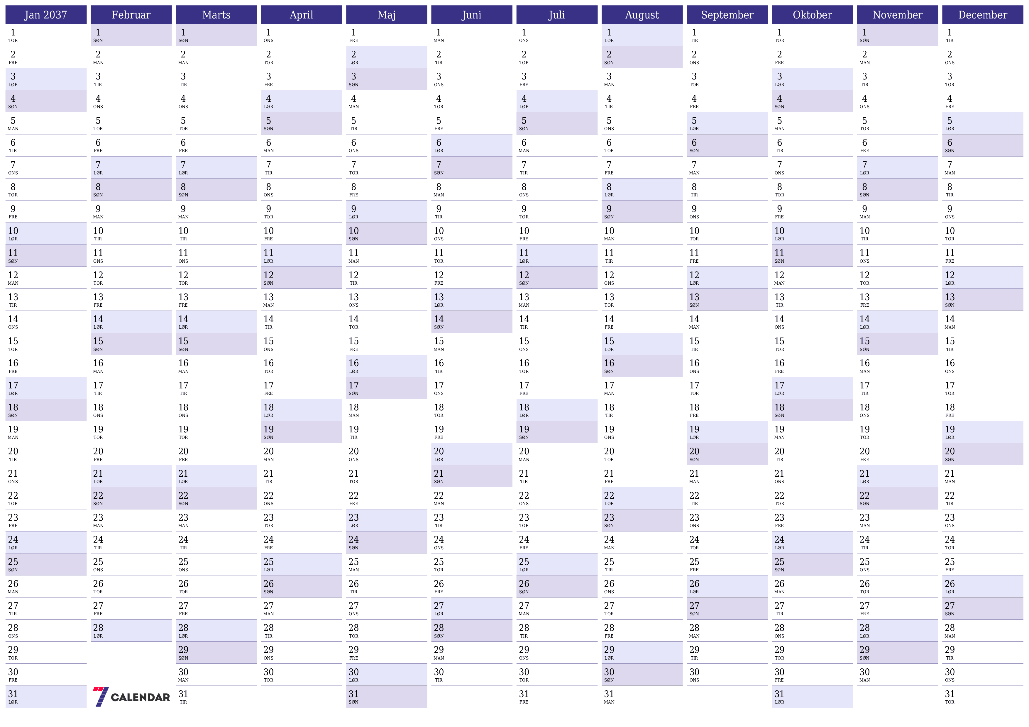 Tom årlig planlægningskalender for året 2037 med noter, gem og udskriv til PDF PNG Danish