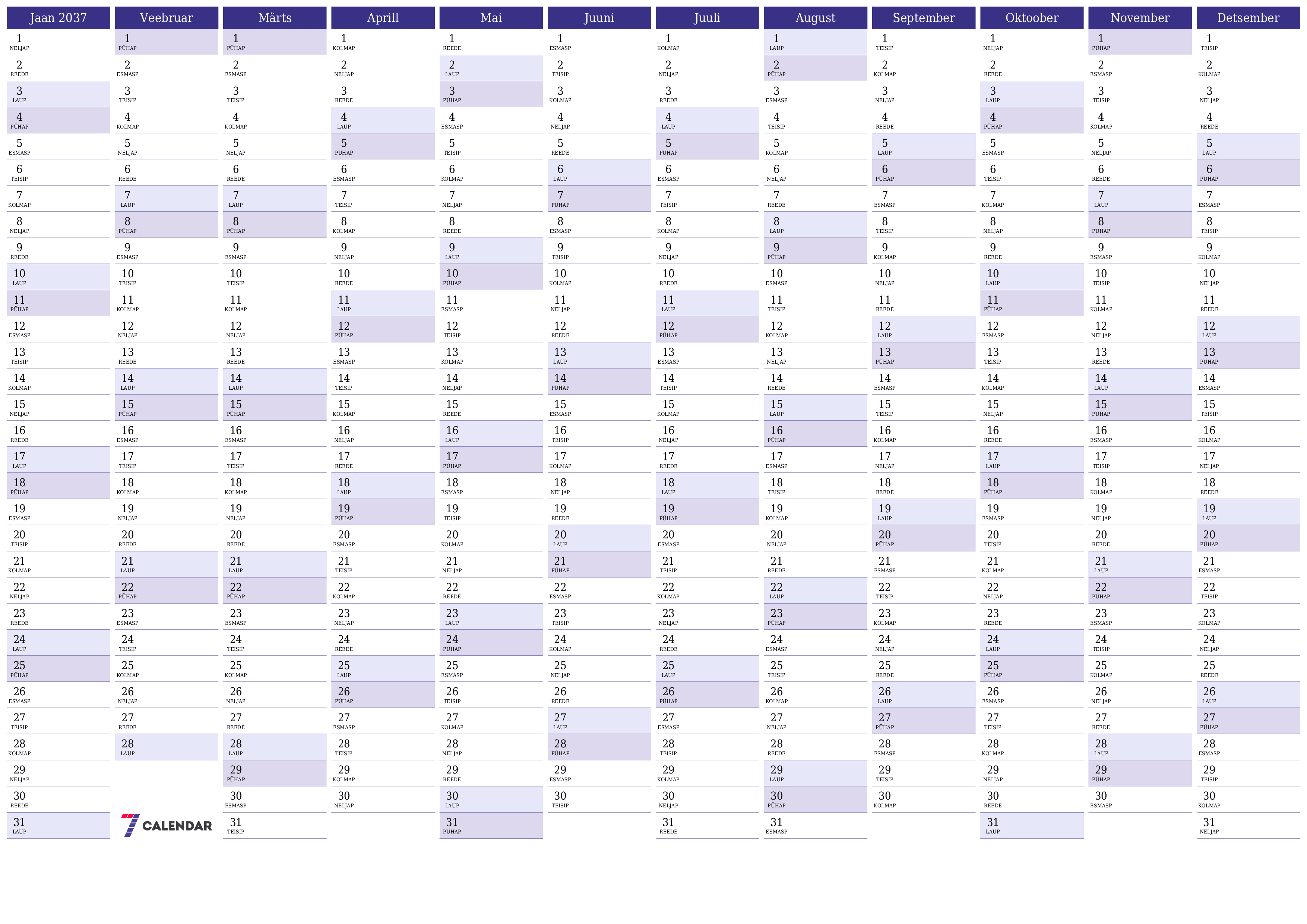 Tühi aasta planeerija kalender aastaks 2037 koos märkmetega, salvestage ja printige PDF-i PNG Estonian