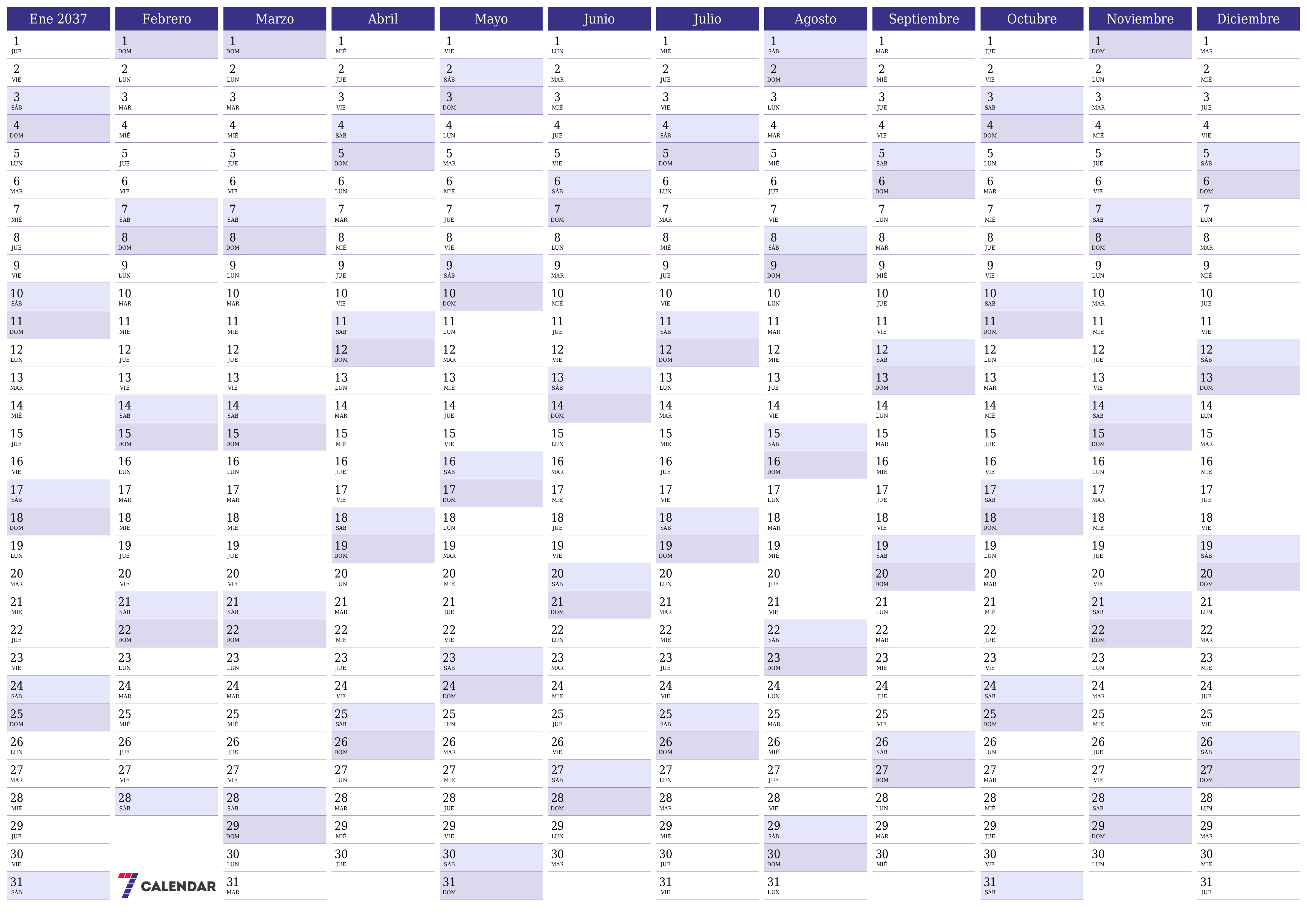 Calendario planificador anual vacío para el año 2037 con notas, guardar e imprimir en PDF PNG Spanish