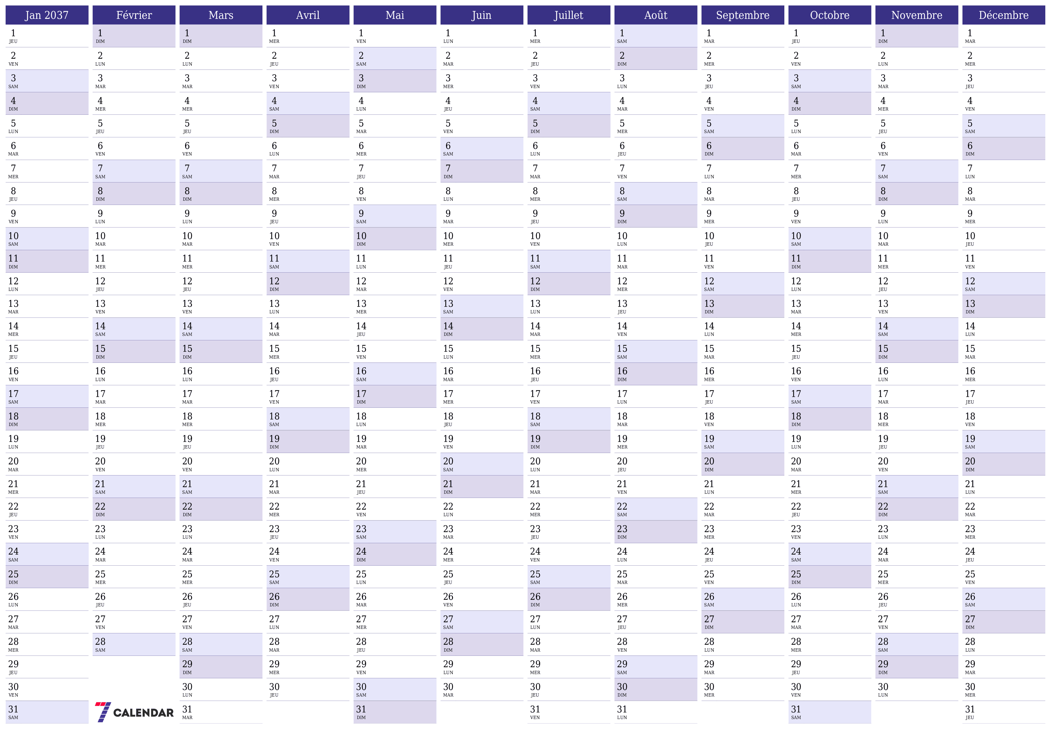 Calendrier annuel vide pour l'année 2037 avec notes, enregistrer et imprimer au format PDF PNG French