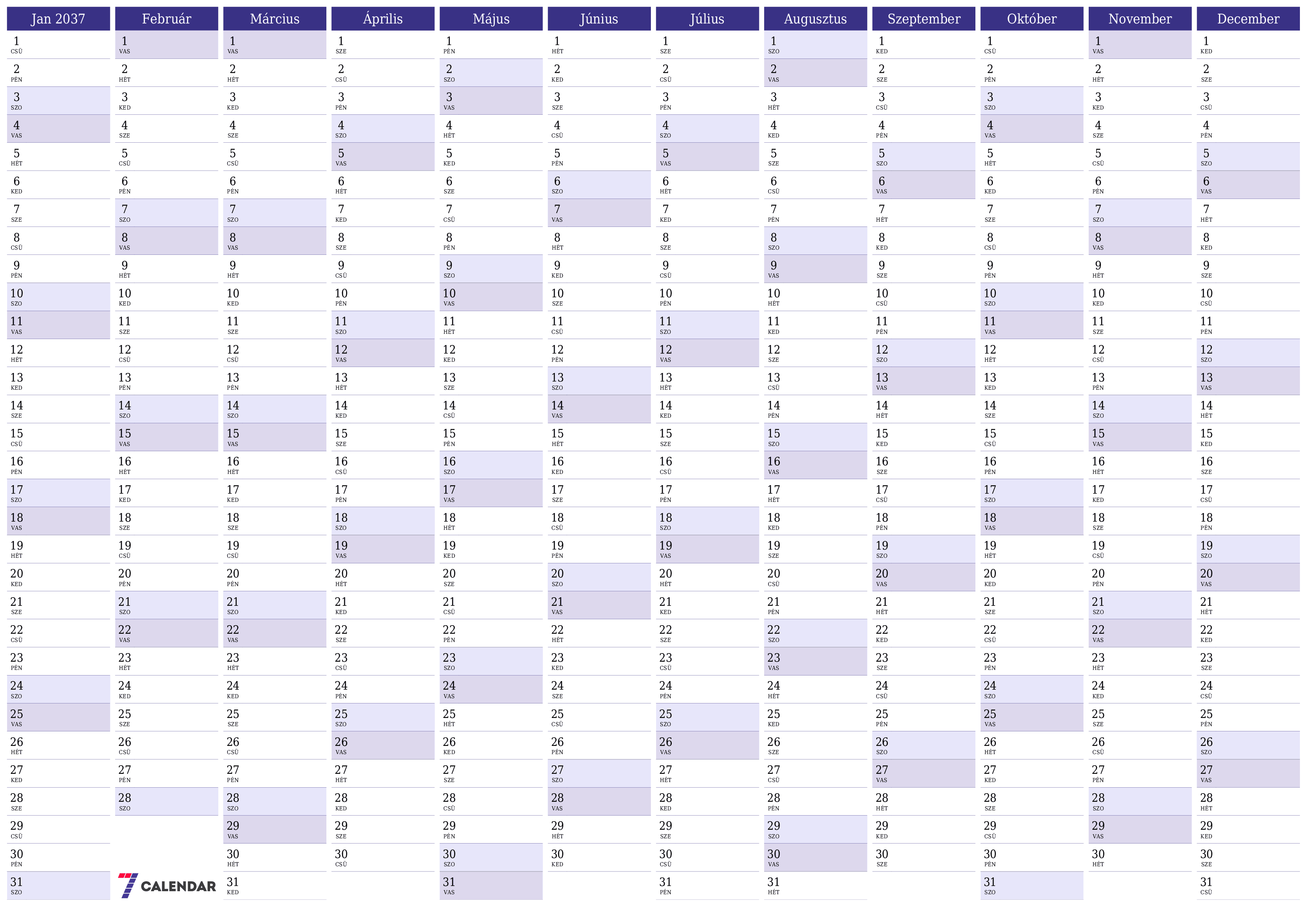 Üres éves tervezői naptár az évre 2037 jegyzetekkel, mentés és nyomtatás PDF-be PNG Hungarian