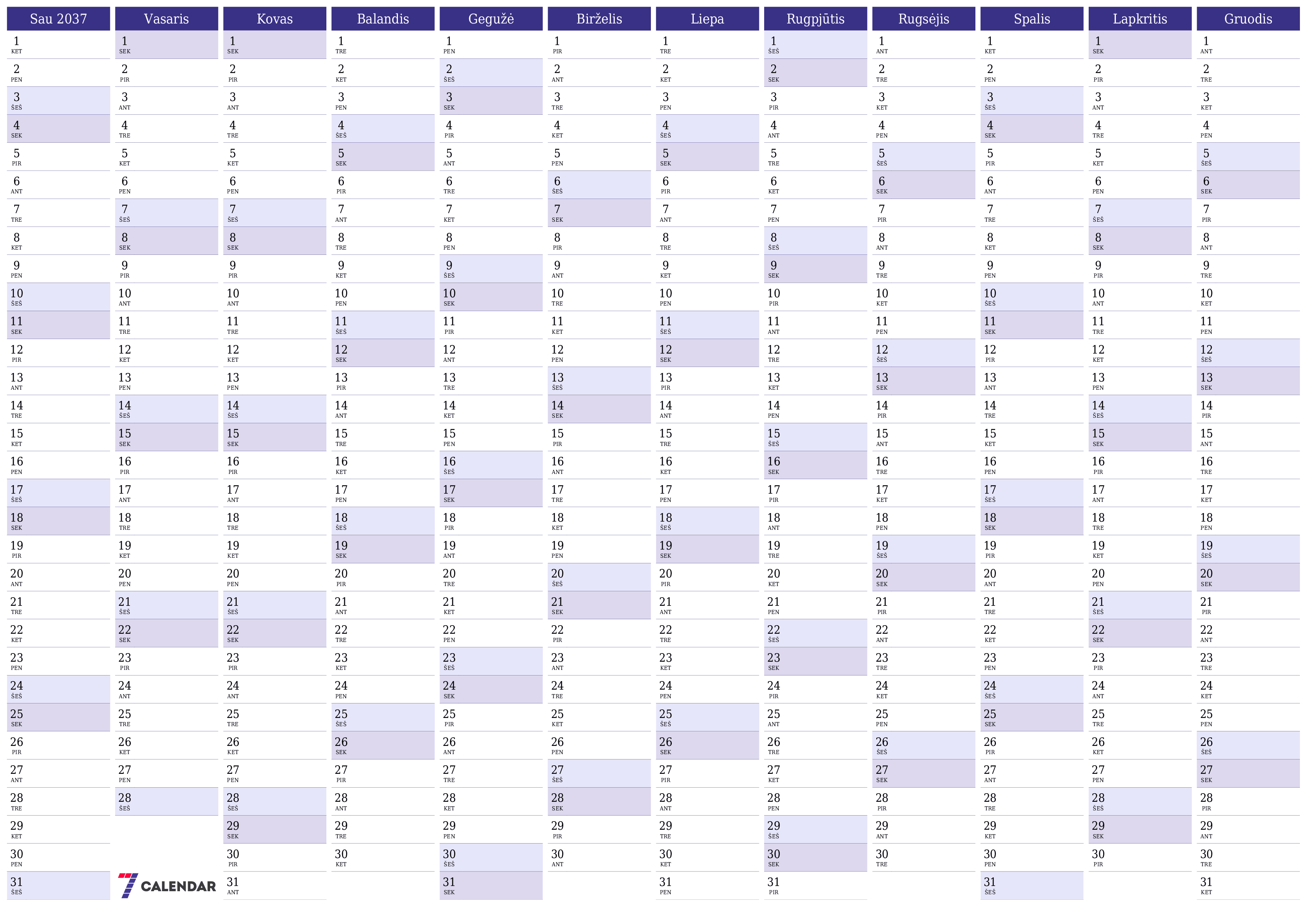 Tuščias metų planavimo kalendorius 2037 su užrašais, išsaugokite ir atsispausdinkite PDF formatu PNG Lithuanian