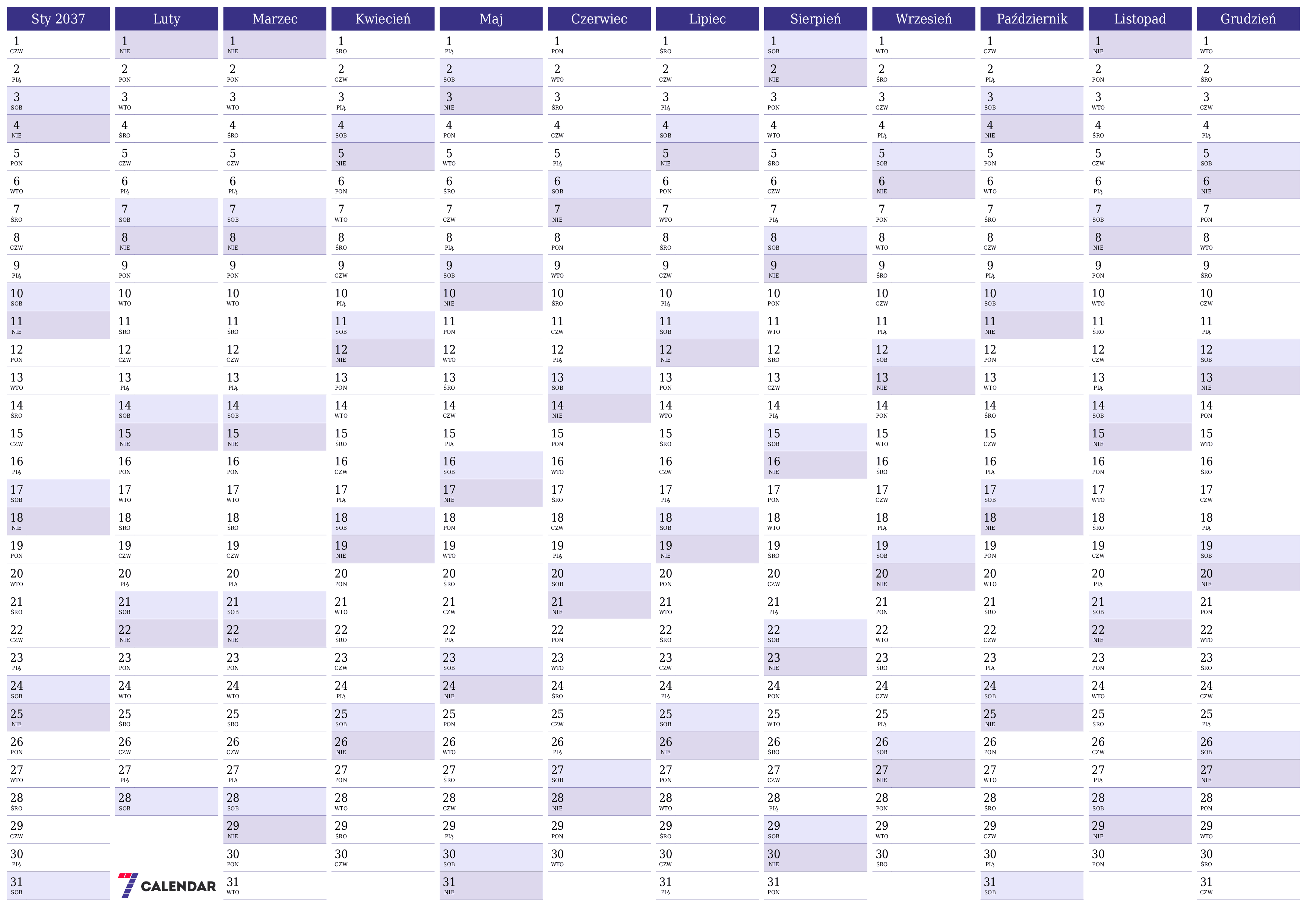 Opróżnij kalendarz rocznego planowania na rok 2037 z notatkami, zapisz i wydrukuj w formacie PDF PNG Polish