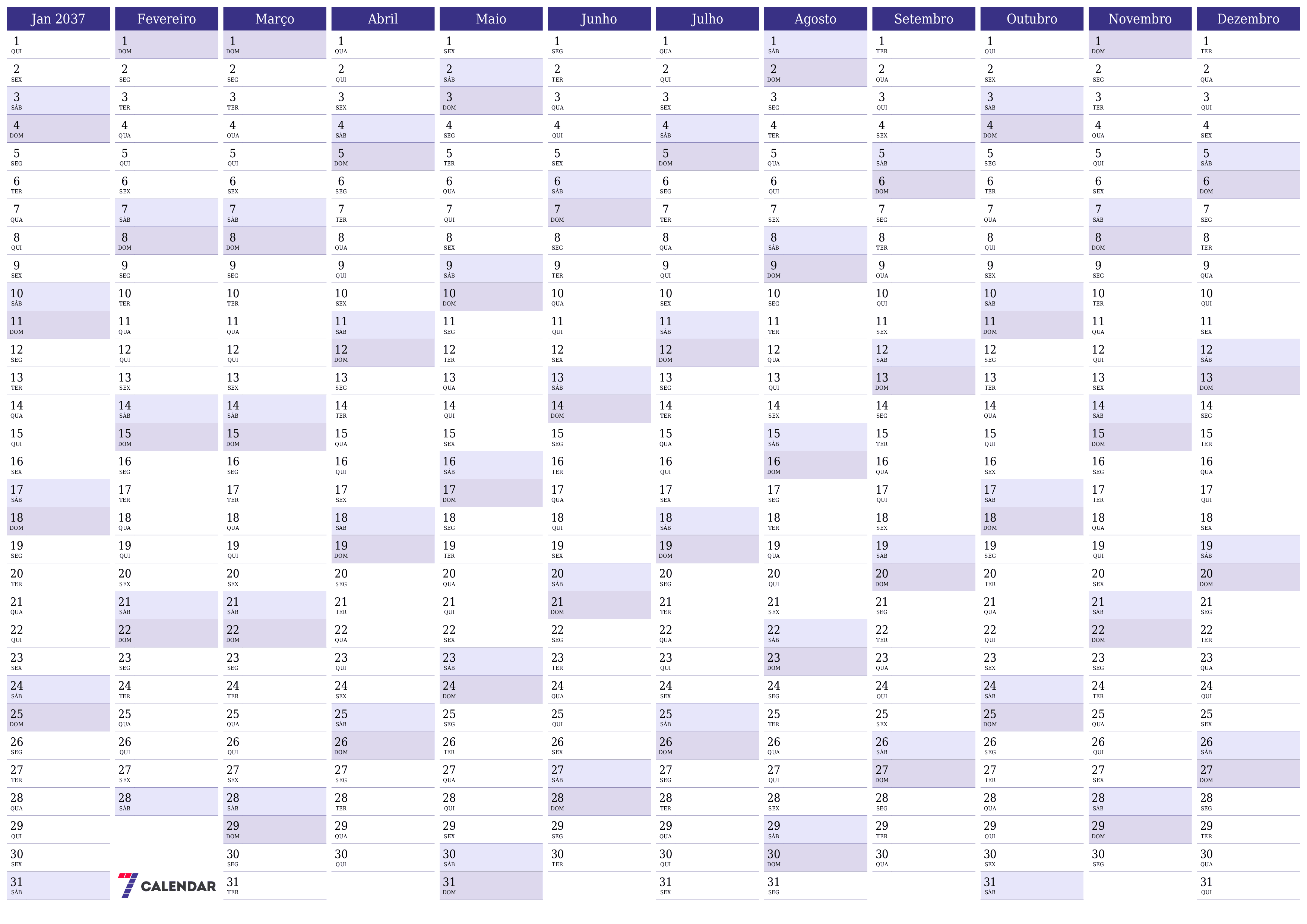 Calendário de planejador anual vazio para o ano 2037 com notas, salve e imprima em PDF PNG Portuguese