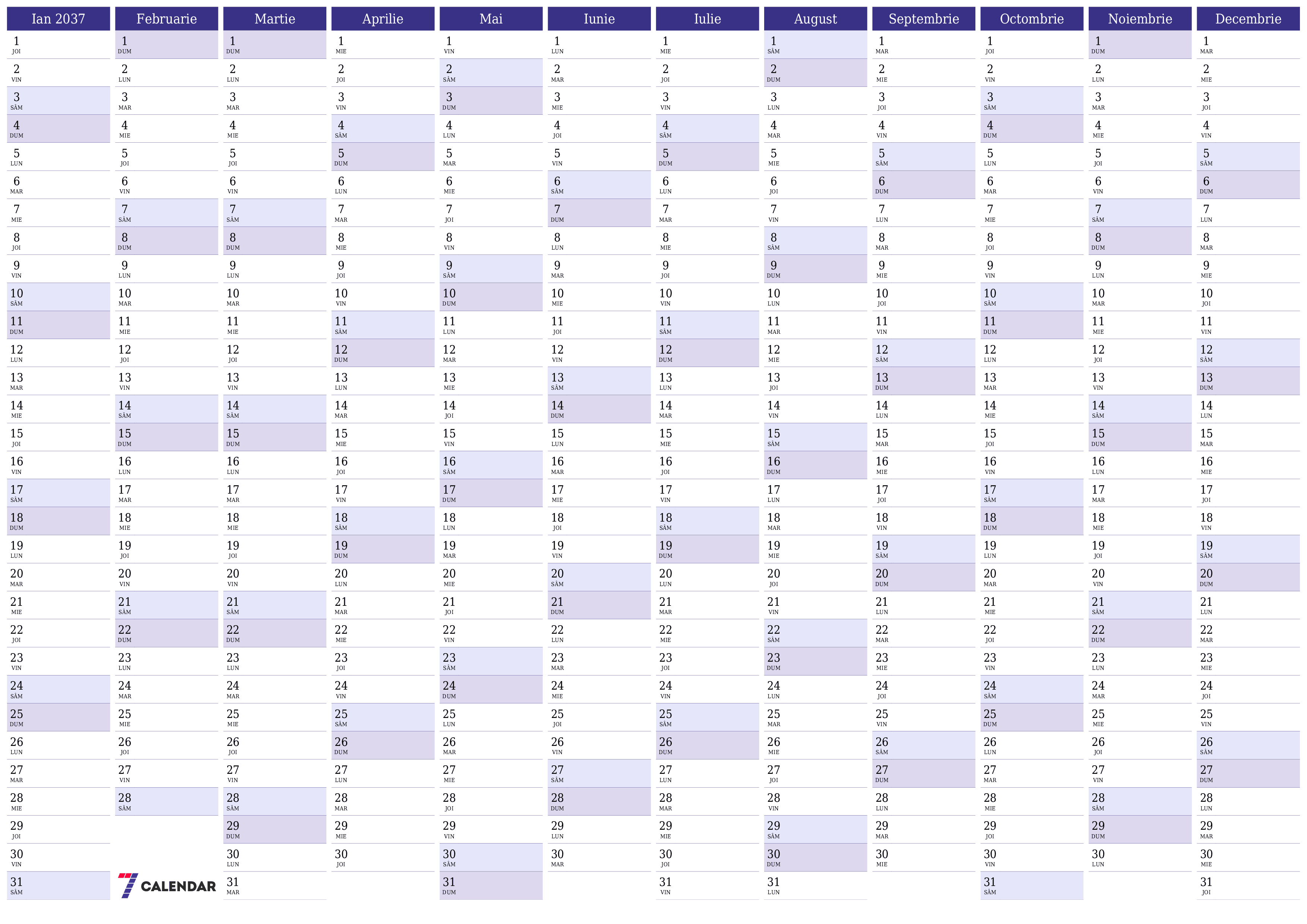 Goliți calendarul anual al planificatorului pentru anul 2037 cu note, salvați și tipăriți în PDF PNG Romanian