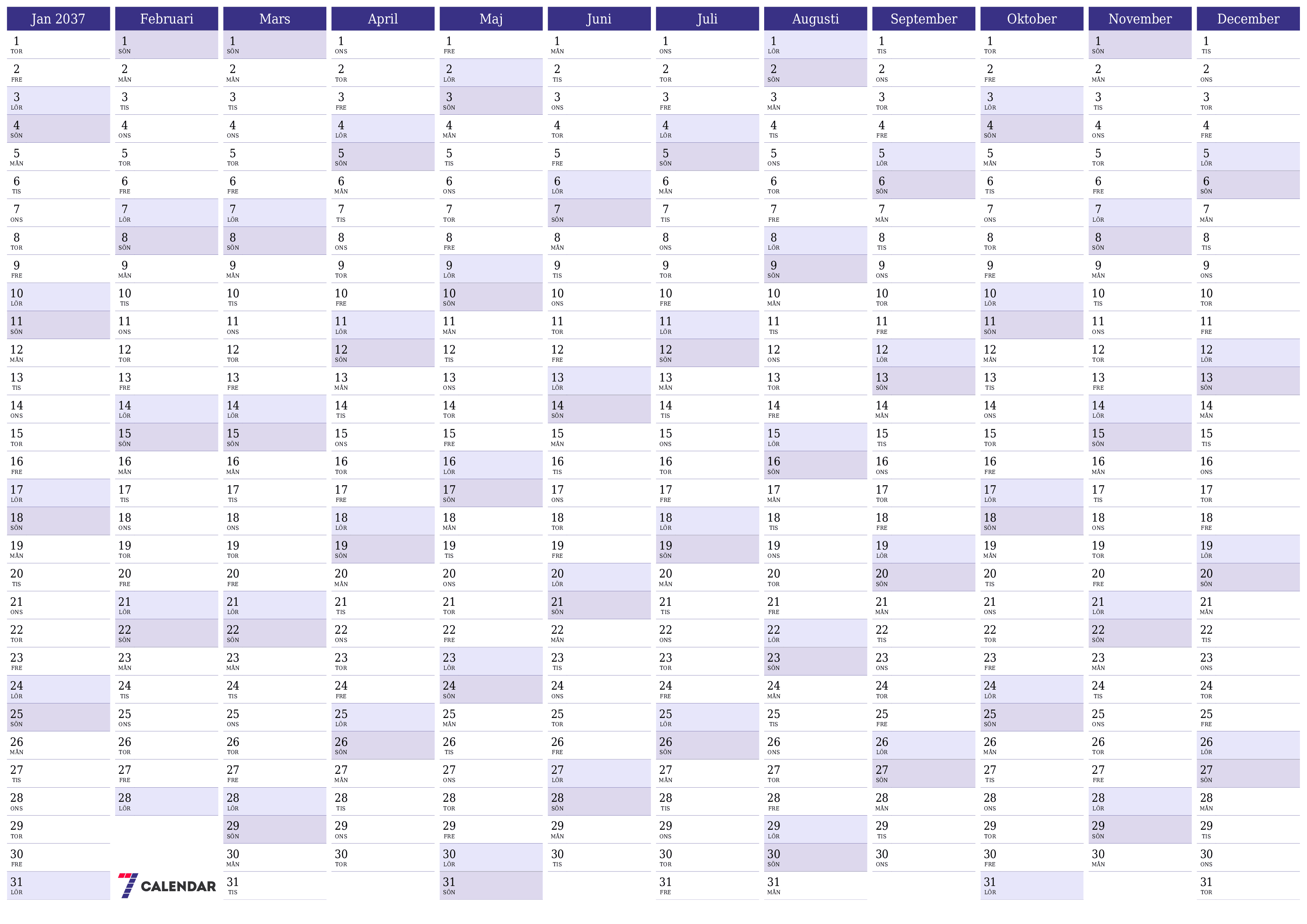 Tom årlig planeringskalender för året 2037 med anteckningar, spara och skriv ut till PDF PNG Swedish