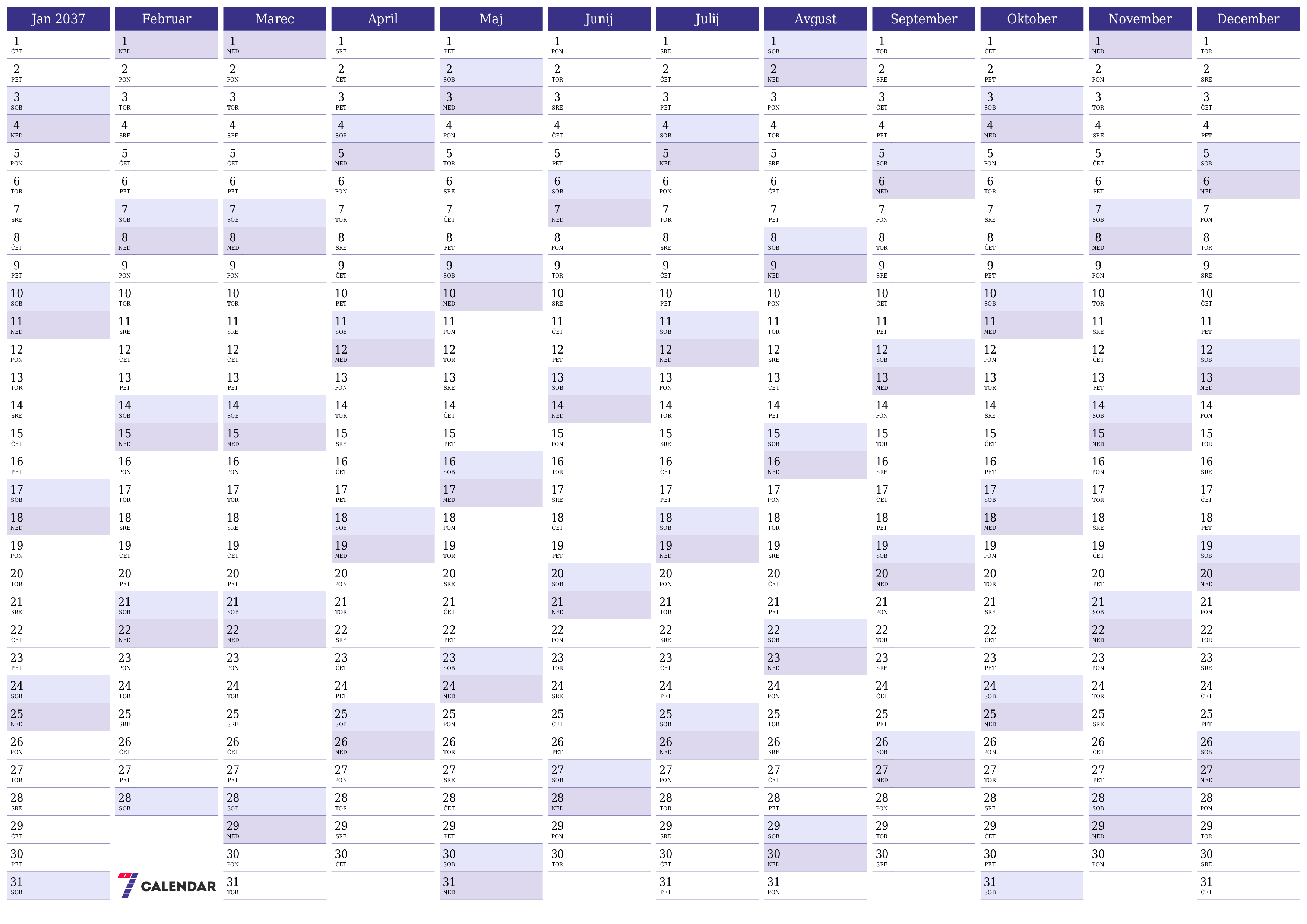 Prazen letni načrtovalec koledarja za leto 2037 z opombami za tiskanje v PDF-ju PNG Slovenian