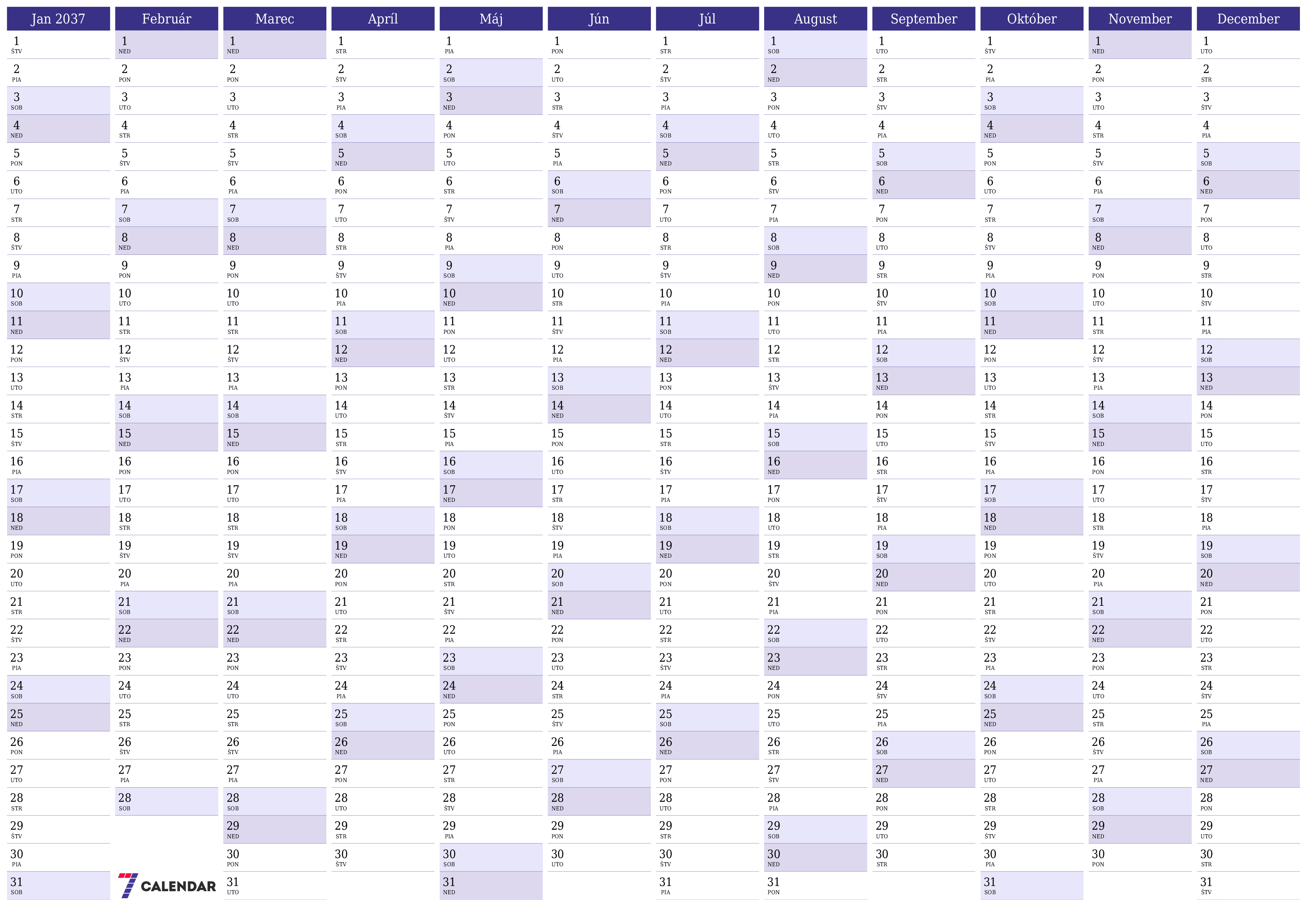 Prázdny ročný kalendár plánovača na rok 2037 s poznámkami, uložením a tlačou do formátu PDF PNG Slovak