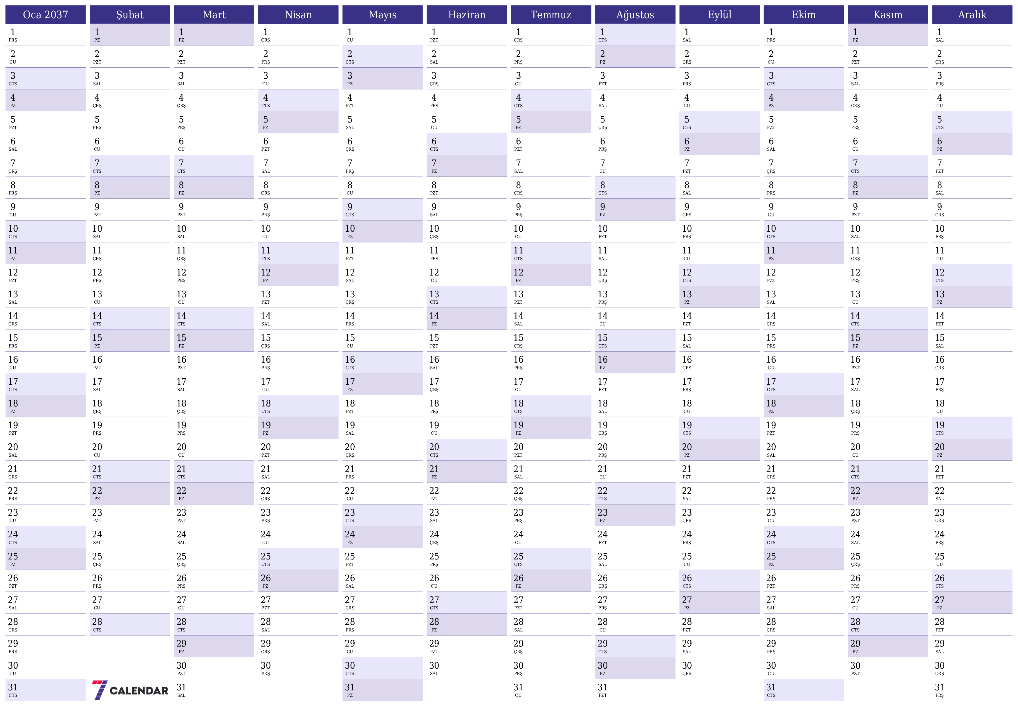 Notlarla 2037 yıl için yıllık planlayıcı takvimini boşaltın, kaydedin ve PDF olarak yazdırın PNG Turkish