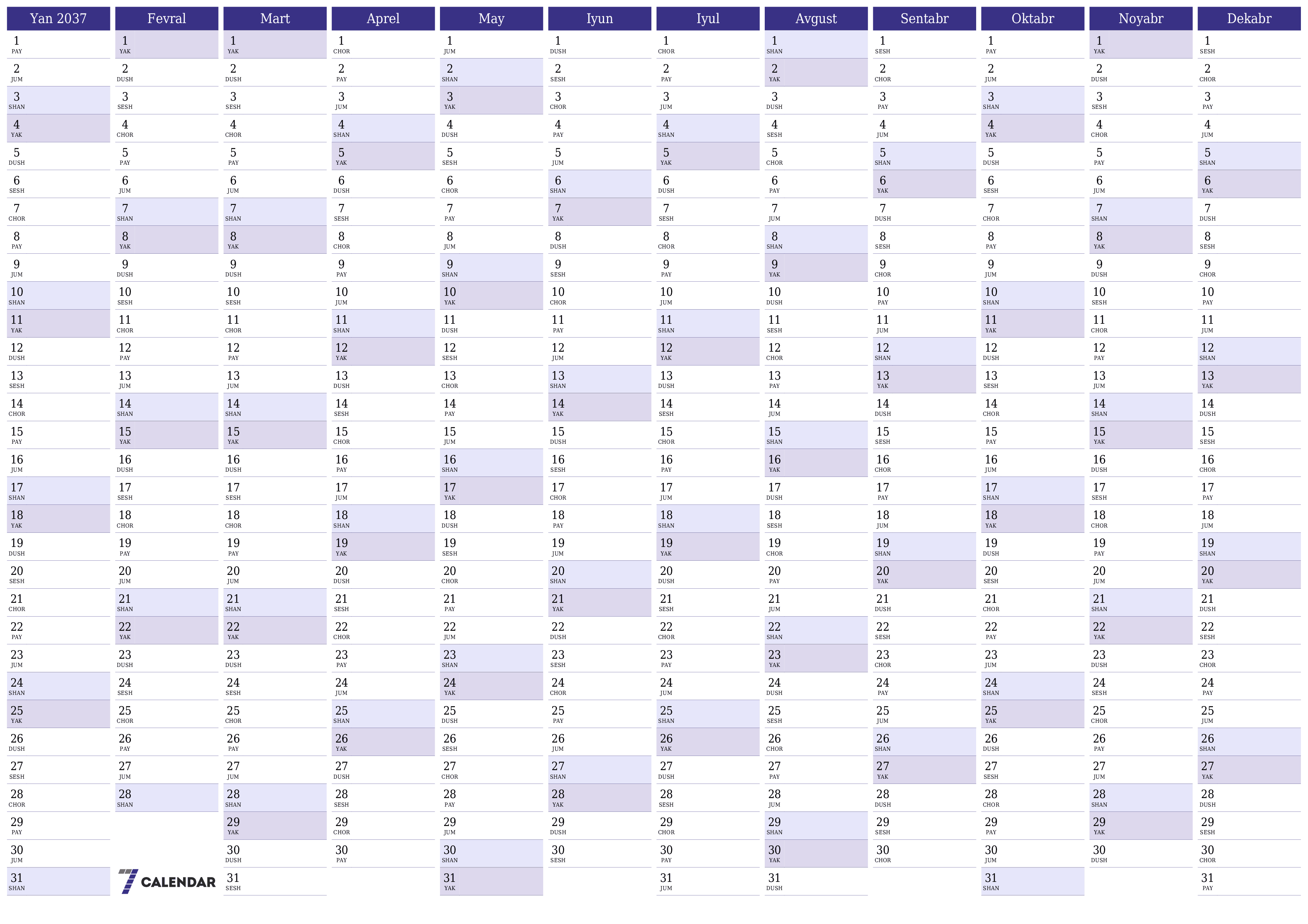 Bo'sh yillik rejalashtiruvchi taqvim 2037 yil, qaydlar bilan saqlang va PDF-ga chop eting PNG Uzbek