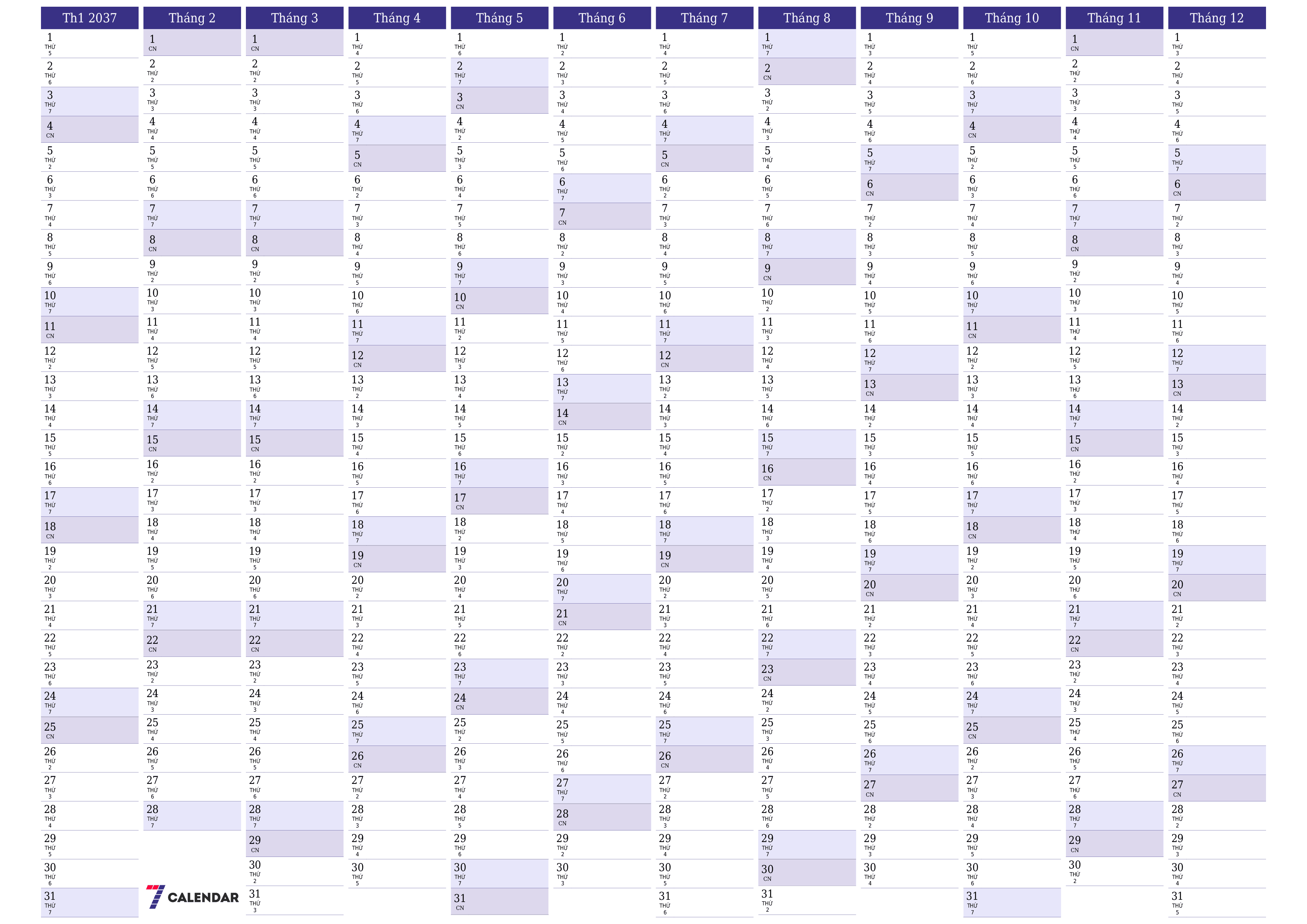 Lịch kế hoạch hàng năm trống cho năm 2037 có ghi chú, lưu và in sang PDF PNG Vietnamese