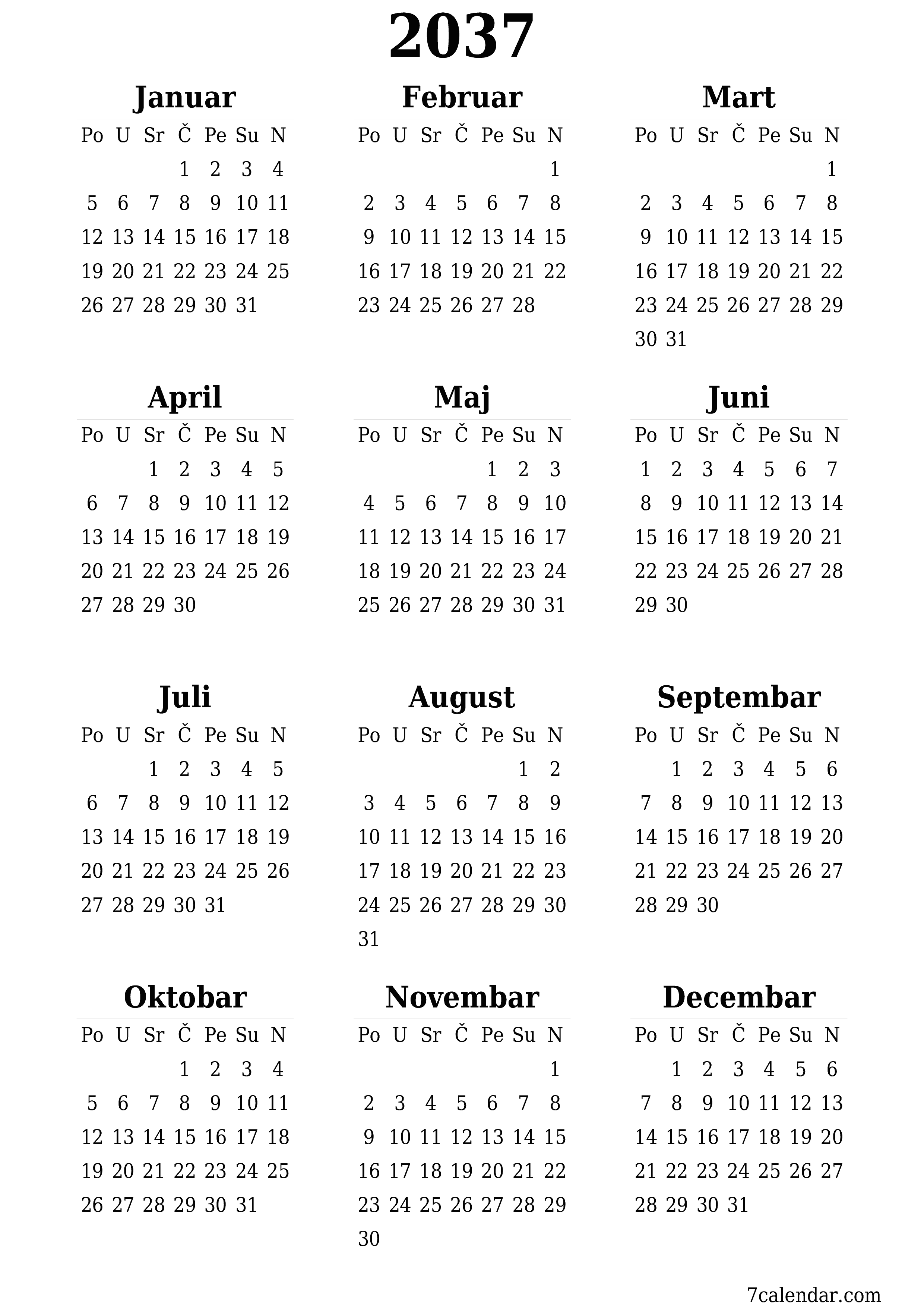  za štampanje zidni šablon a besplatni vertikalno Godišnje kalendar Juni (Jun) 2037