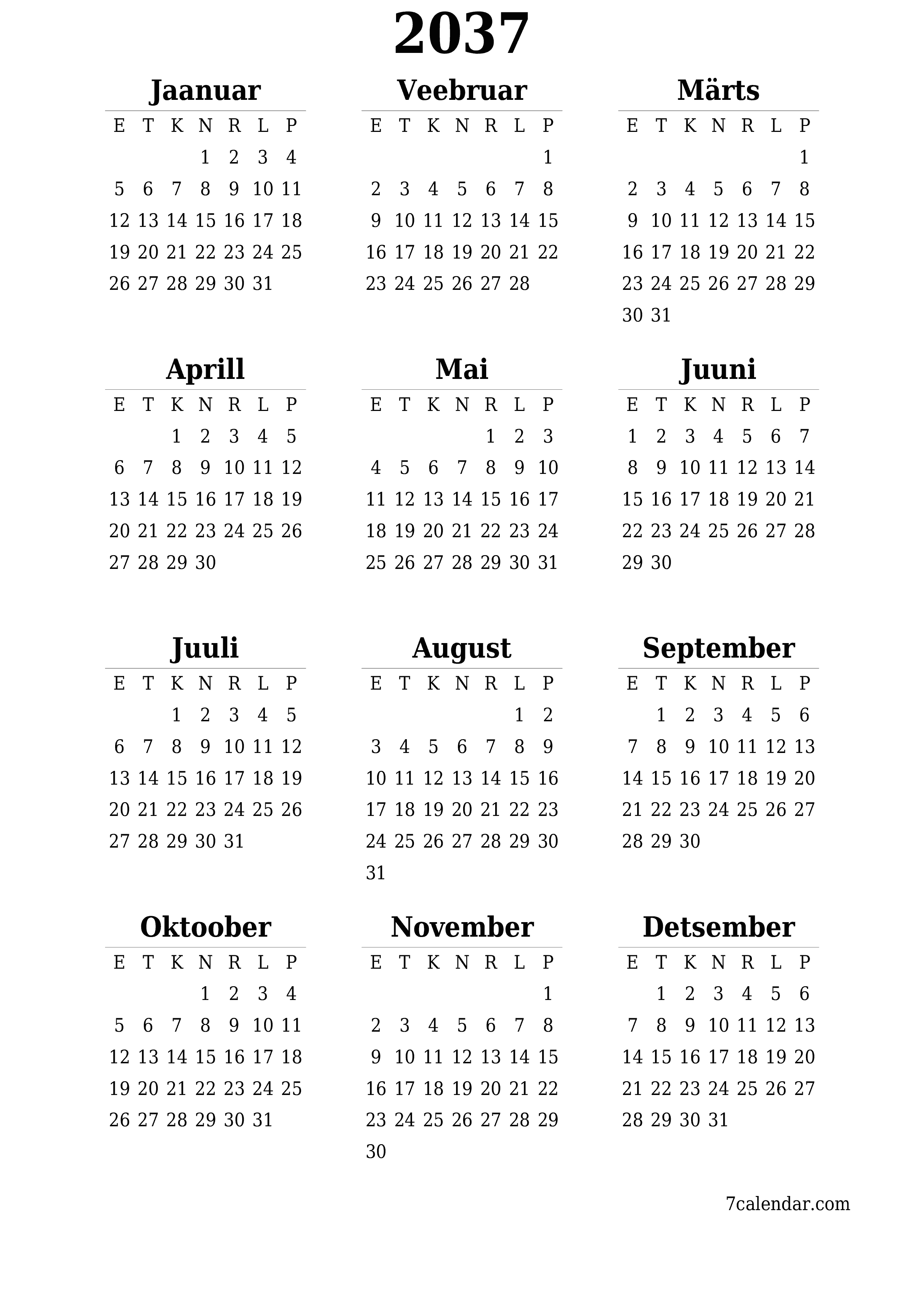 Tühi aasta planeerija kalender aastaks 2037 koos märkmetega, salvestage ja printige PDF-i PNG Estonian