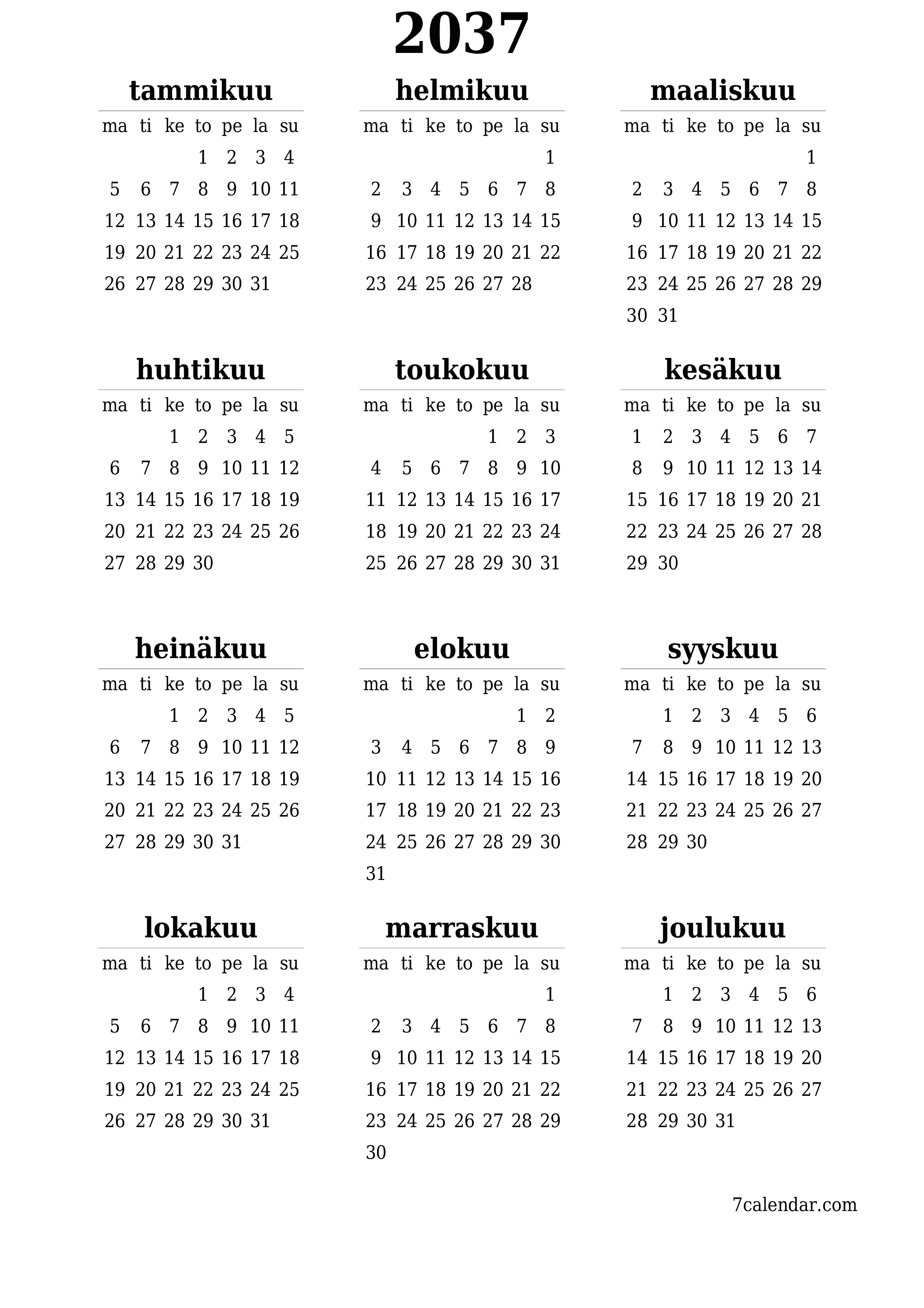 tulostettava seinä n malli ilmainen pystysuora Vuosittain kalenteri Kesäkuu (Kesä) 2037
