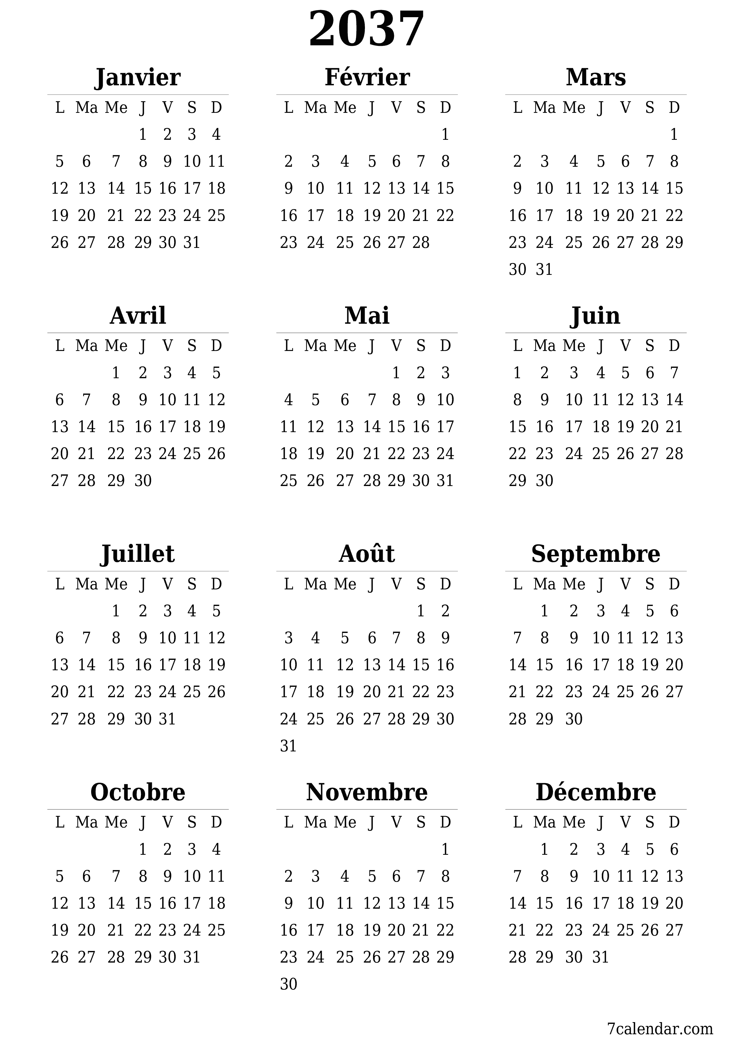 Calendrier annuel vide pour l'année 2037 avec notes, enregistrer et imprimer au format PDF PNG French