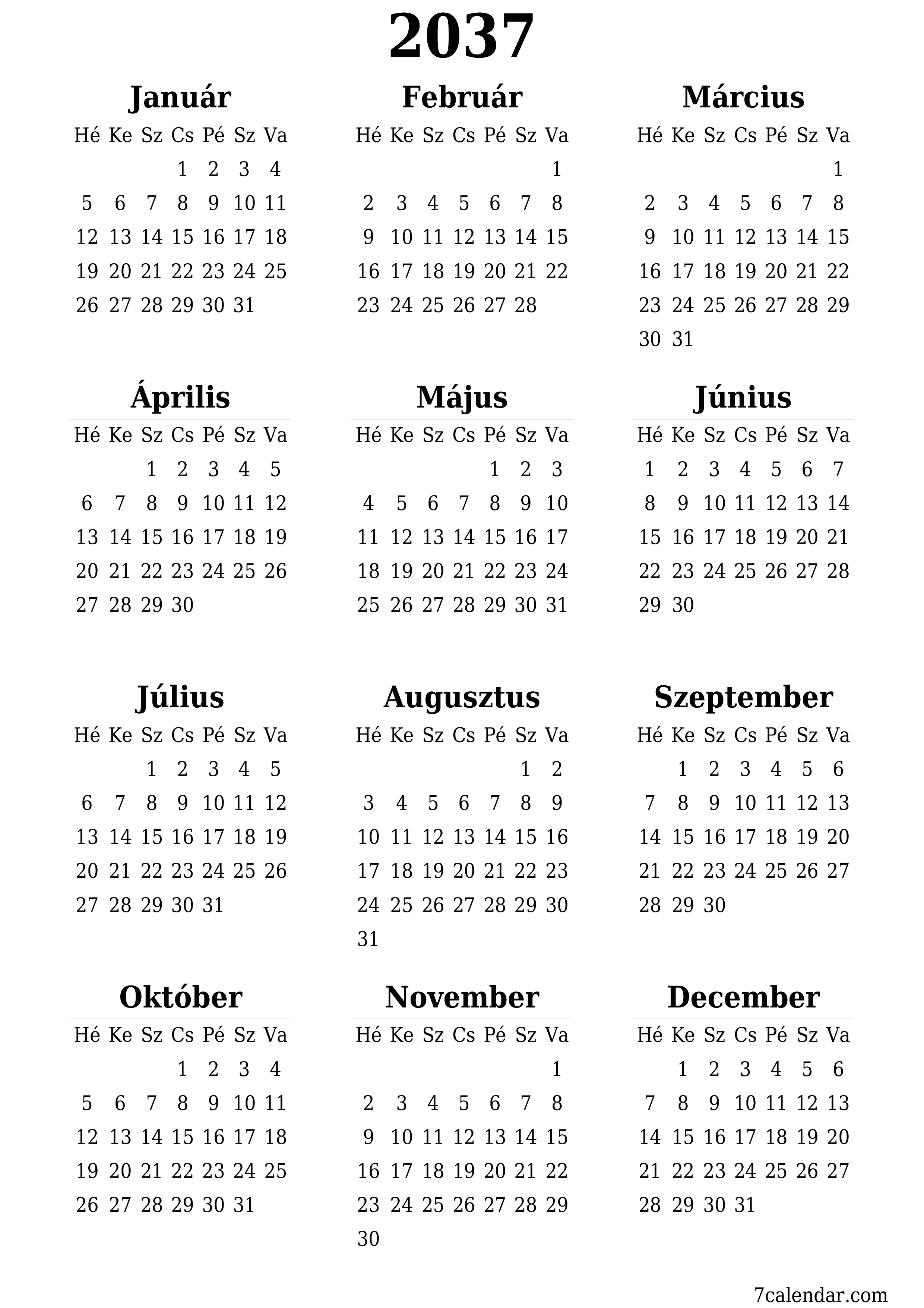 nyomtatható fali sablon ingyenes függőleges Éves naptár Június (Jún) 2037