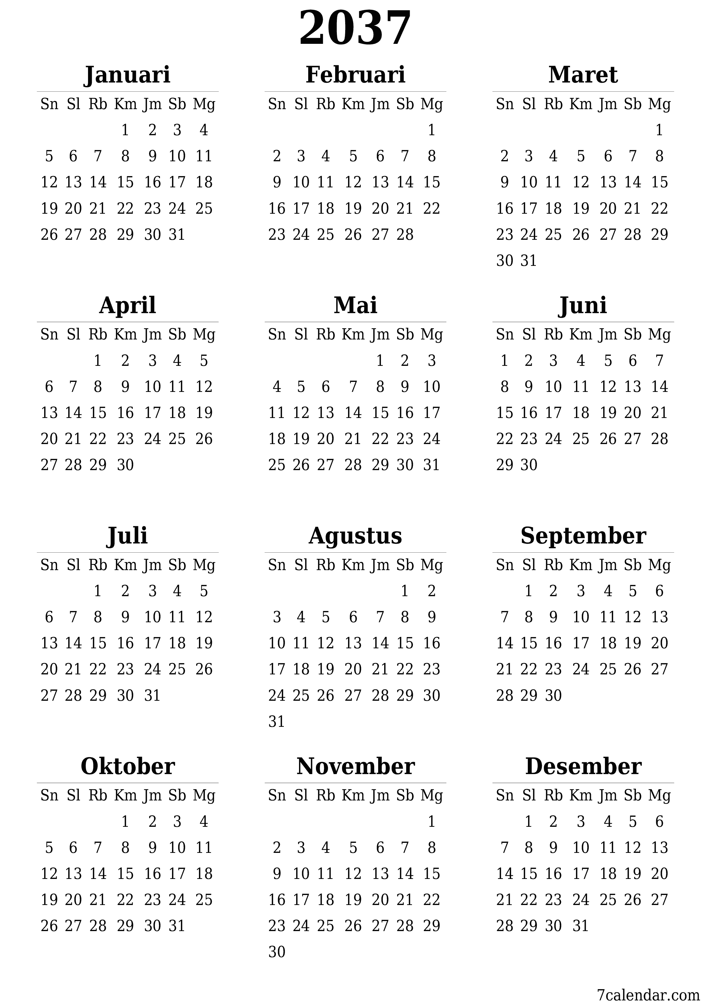 Kosongkan kalender perencana tahunan untuk tahun ini 2037 dengan catatan, simpan dan cetak ke PDF PNG Indonesian