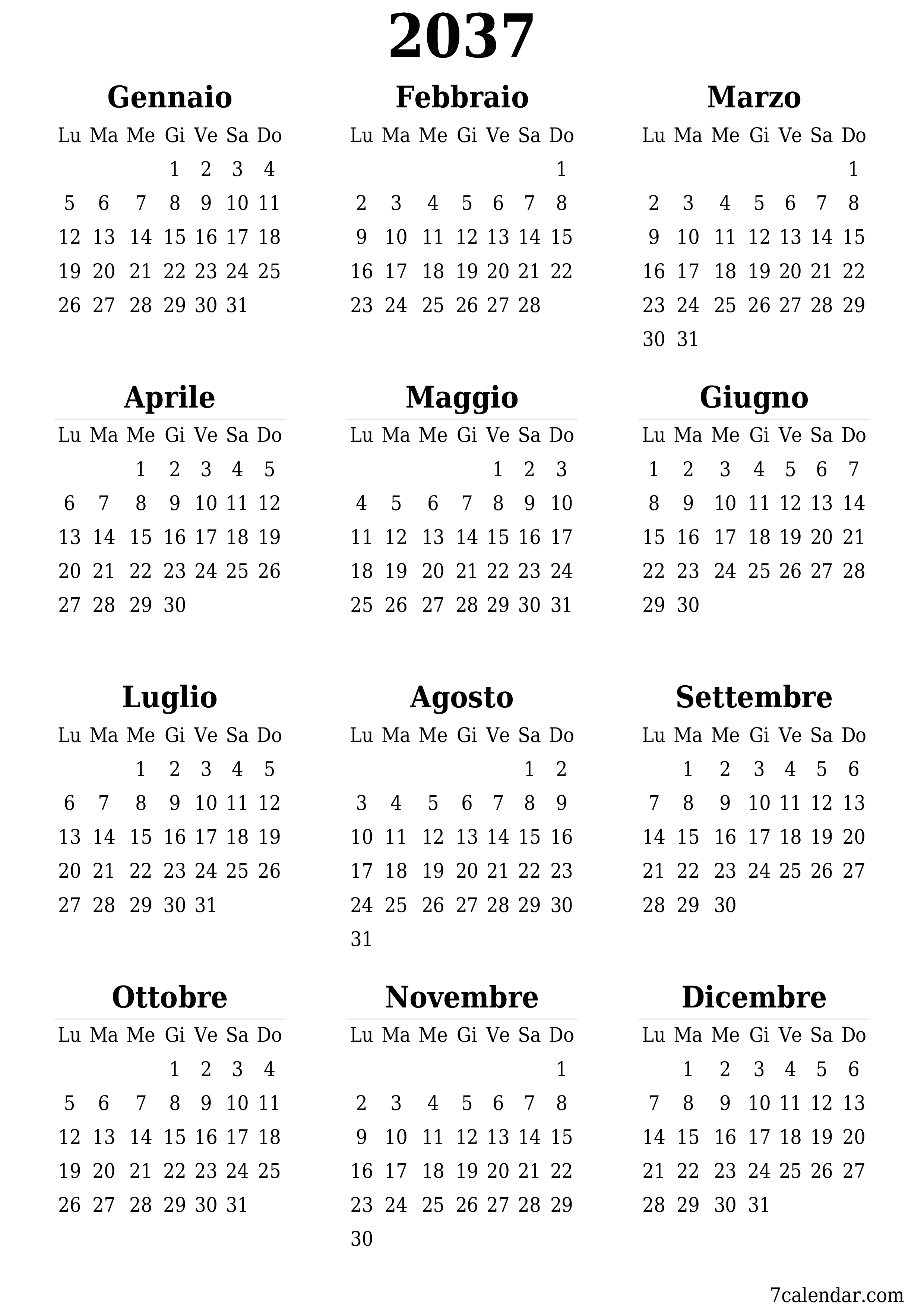 Calendario pianificatore annuale vuoto per l'anno 2037 con note, salva e stampa in PDF PNG Italian