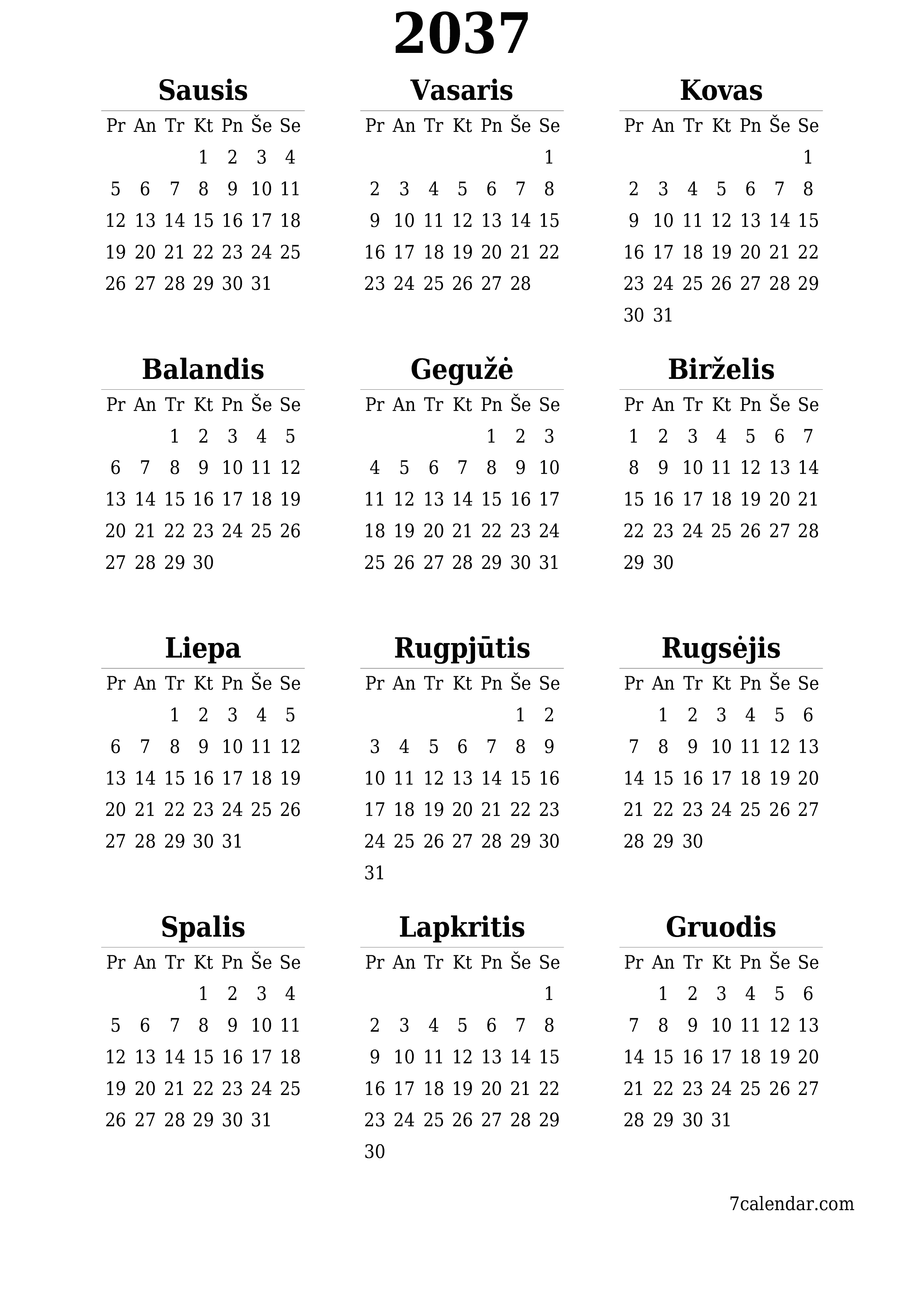Tuščias metų planavimo kalendorius 2037 su užrašais, išsaugokite ir atsispausdinkite PDF formatu PNG Lithuanian