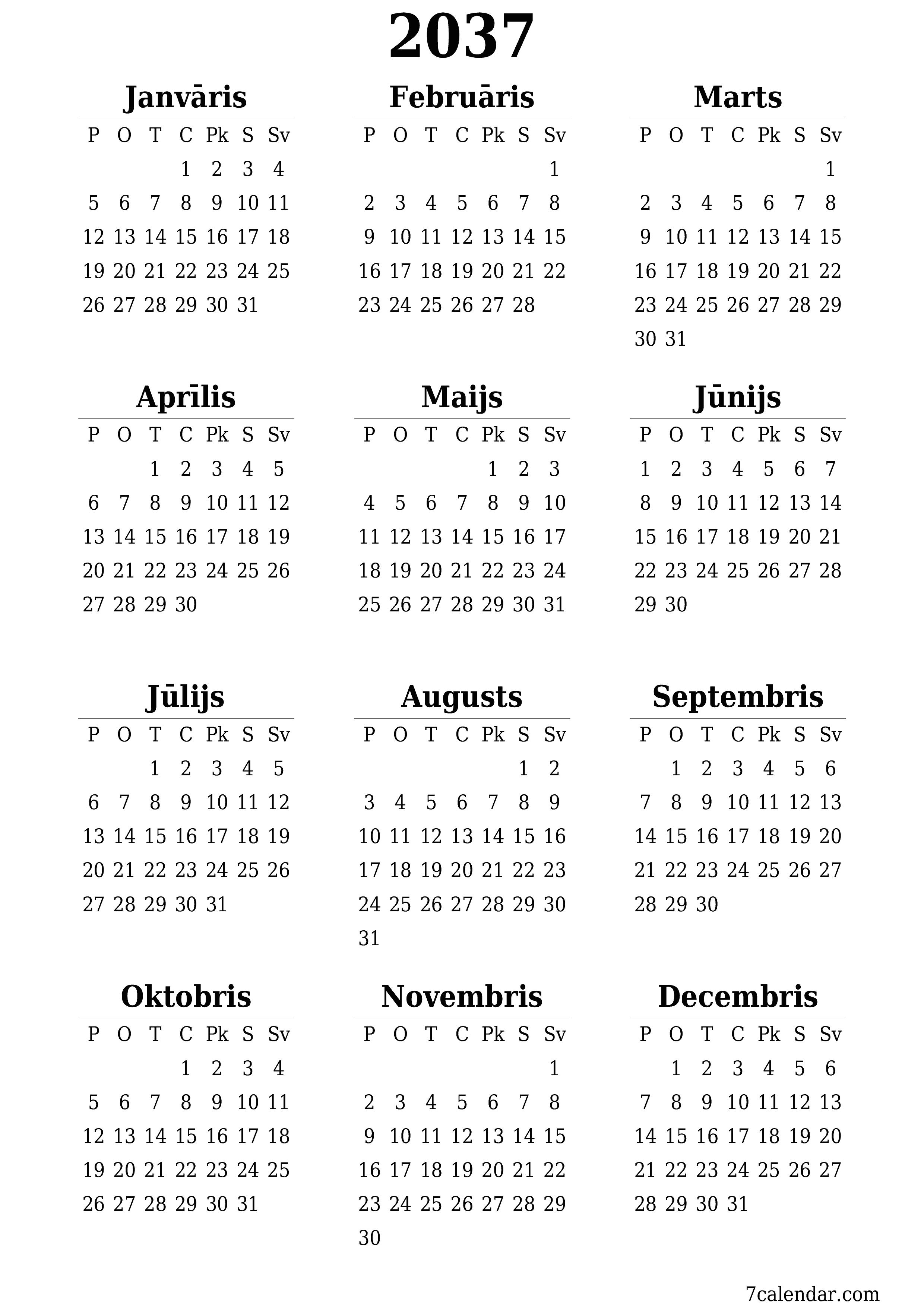 izdrukājams sienas kalendāra veidne bezmaksas vertikāli Gada kalendārs Jūnijs (Jūn) 2037