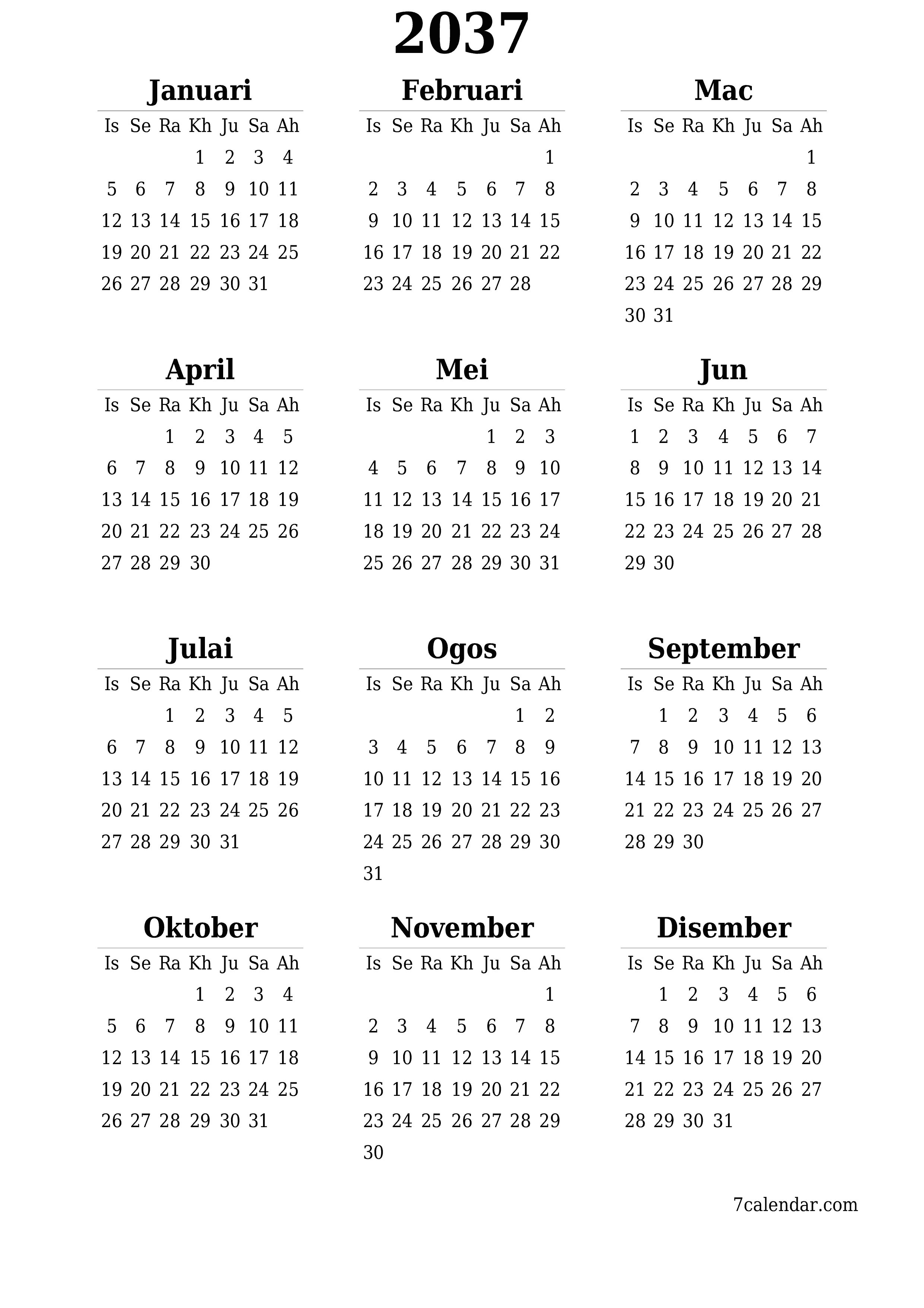 Kalendar perancang tahunan kosong untuk tahun ini 2037 dengan nota, simpan dan cetak ke PDF PNG Malay