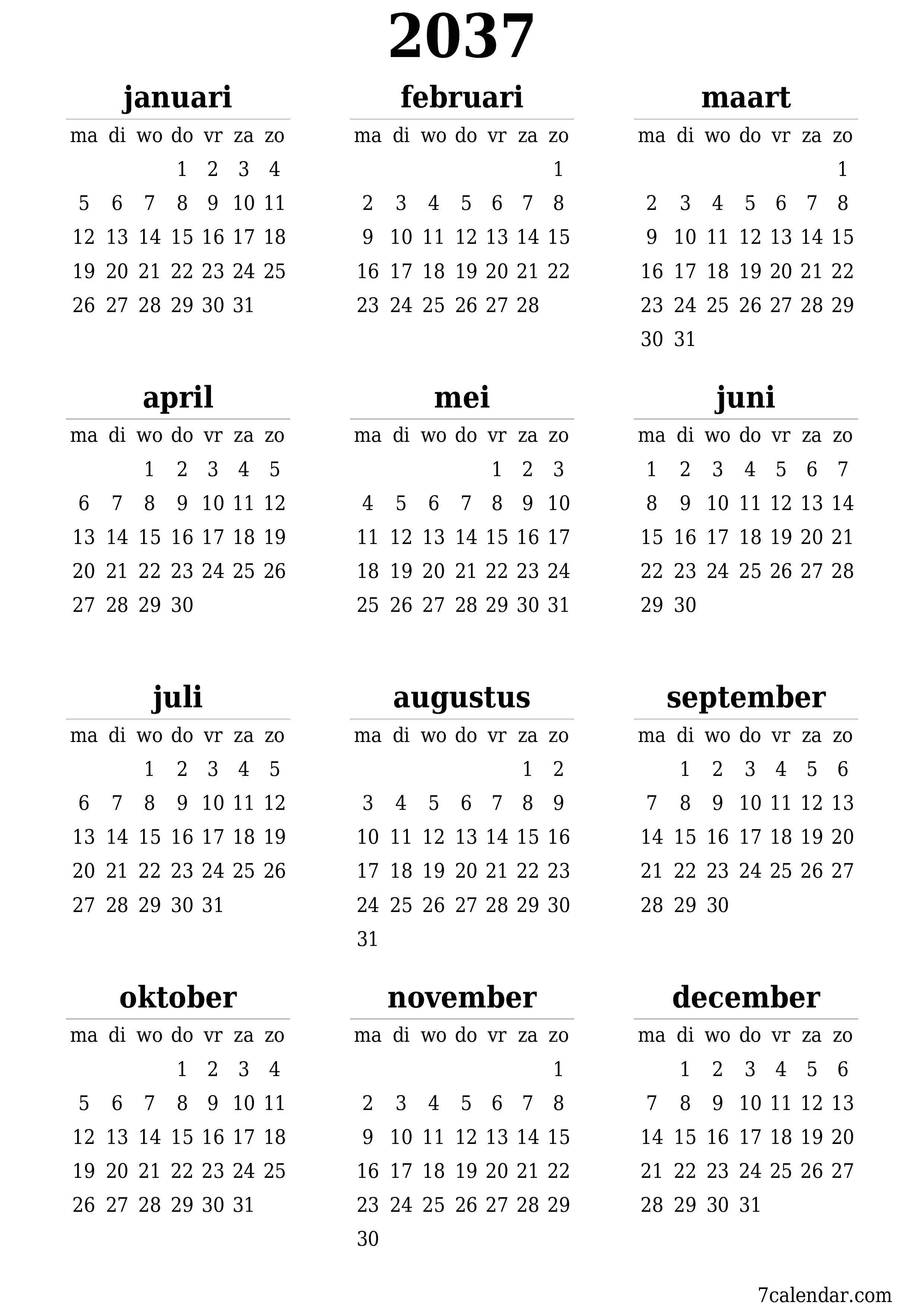 Lege jaarplanningskalender voor het jaar 2037 met notities, opslaan en afdrukken naar pdf PNG Dutch