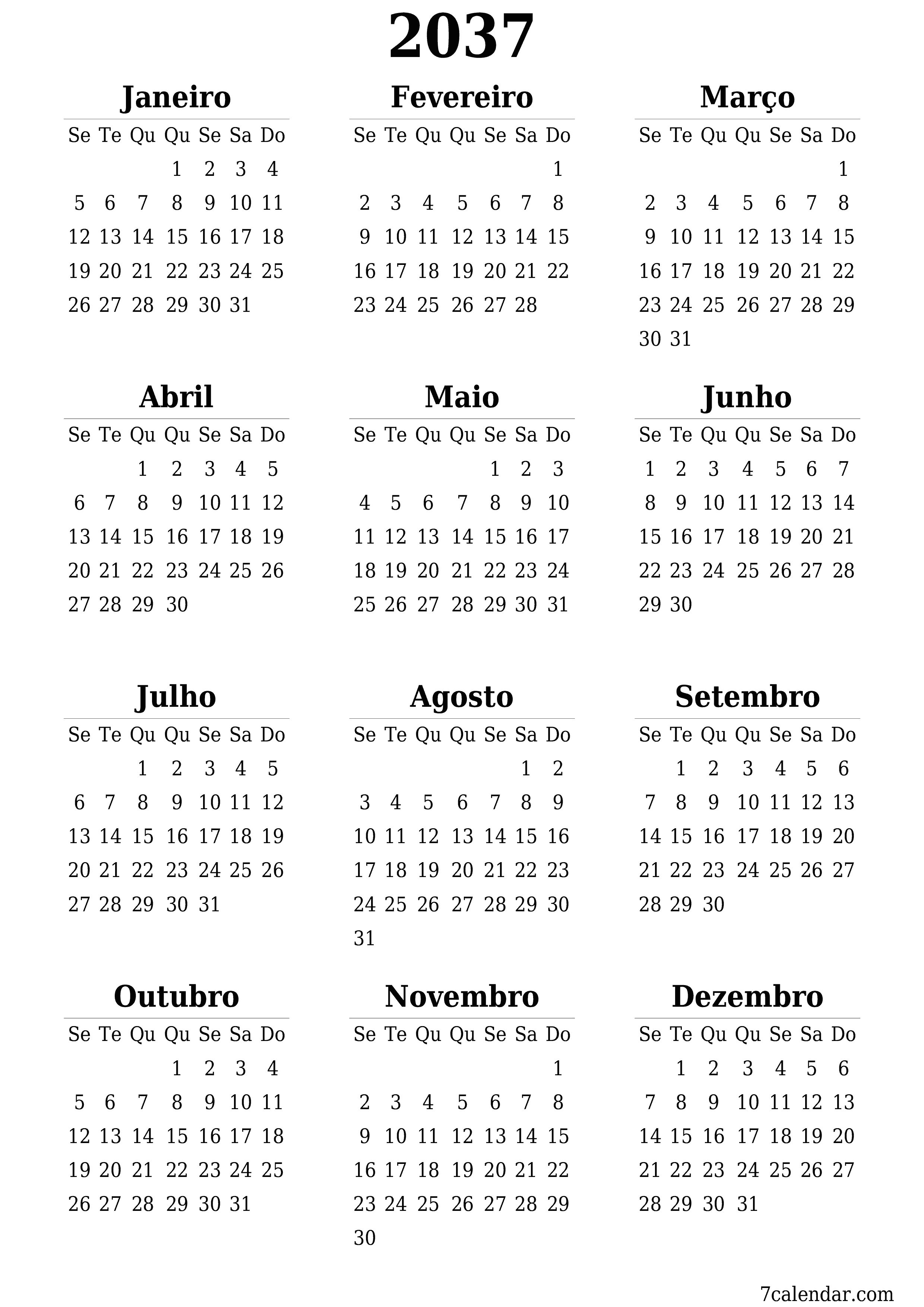 Calendário de planejador anual vazio para o ano 2037 com notas, salve e imprima em PDF PNG Portuguese