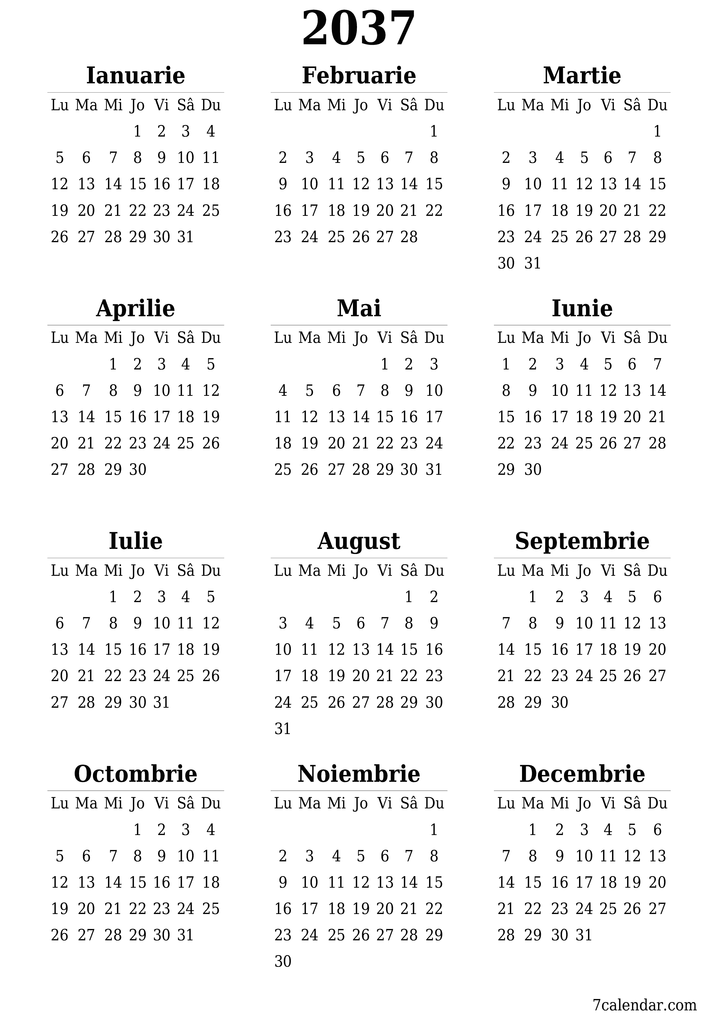 Goliți calendarul anual al planificatorului pentru anul 2037 cu note, salvați și tipăriți în PDF PNG Romanian