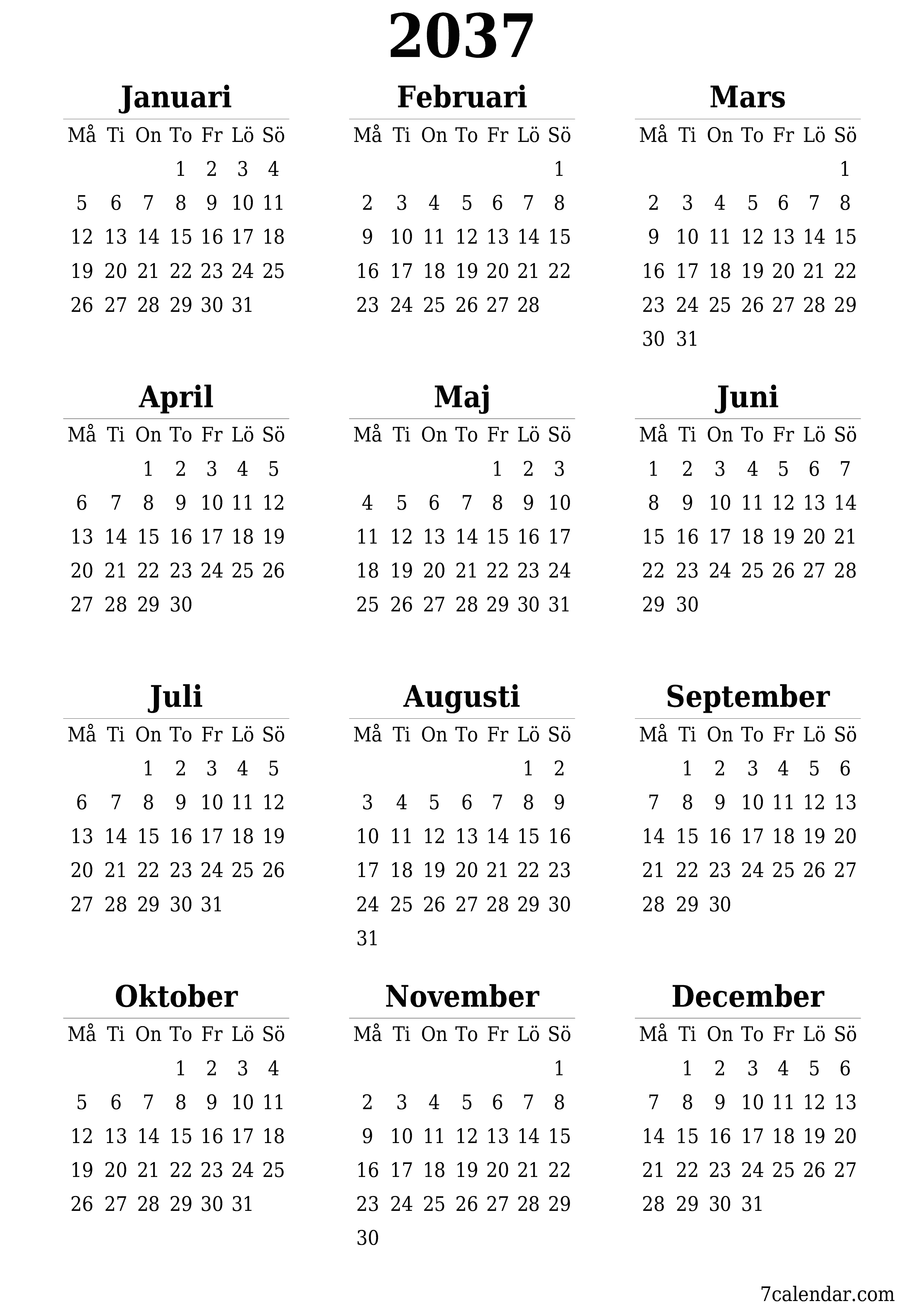 Tom årlig planeringskalender för året 2037 med anteckningar, spara och skriv ut till PDF PNG Swedish