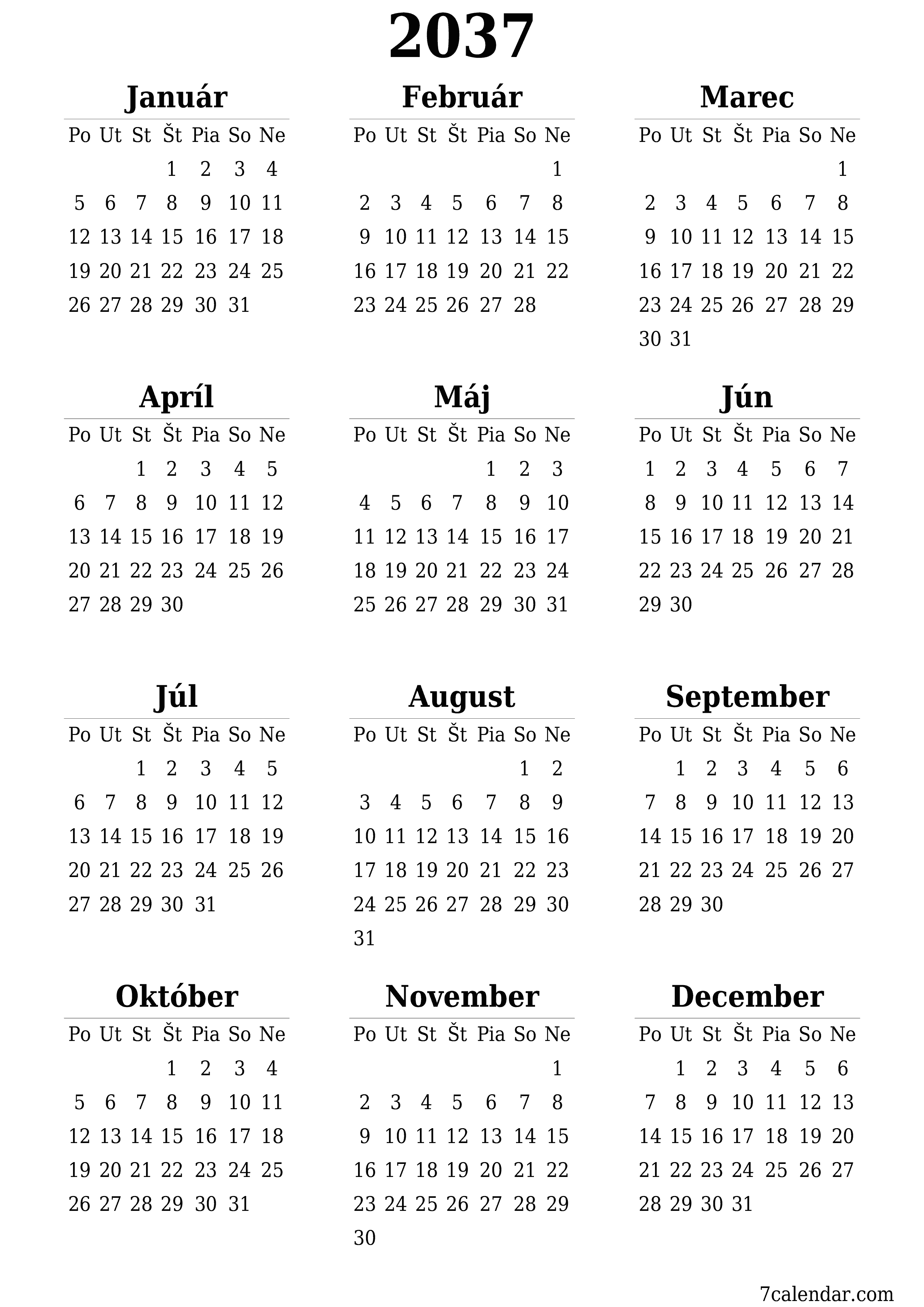 vytlačiteľný nástenný šablóna a bezplatný вертикальный Ročne kalendár Jún (Jún) 2037