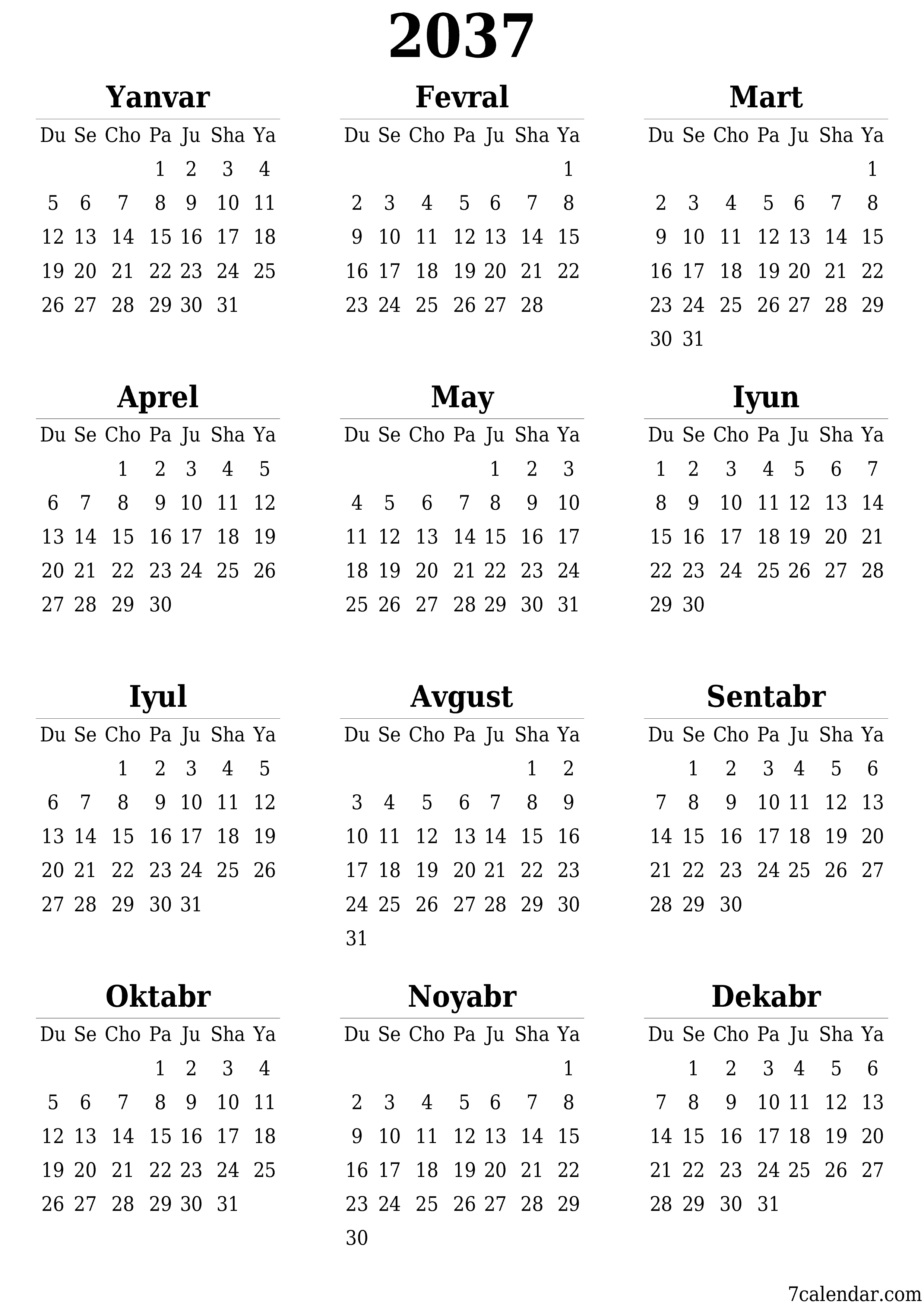 chop etiladigan devor taqvimi shabloni bepul vertikal Yillik kalendar Iyun (Iyun) 2037