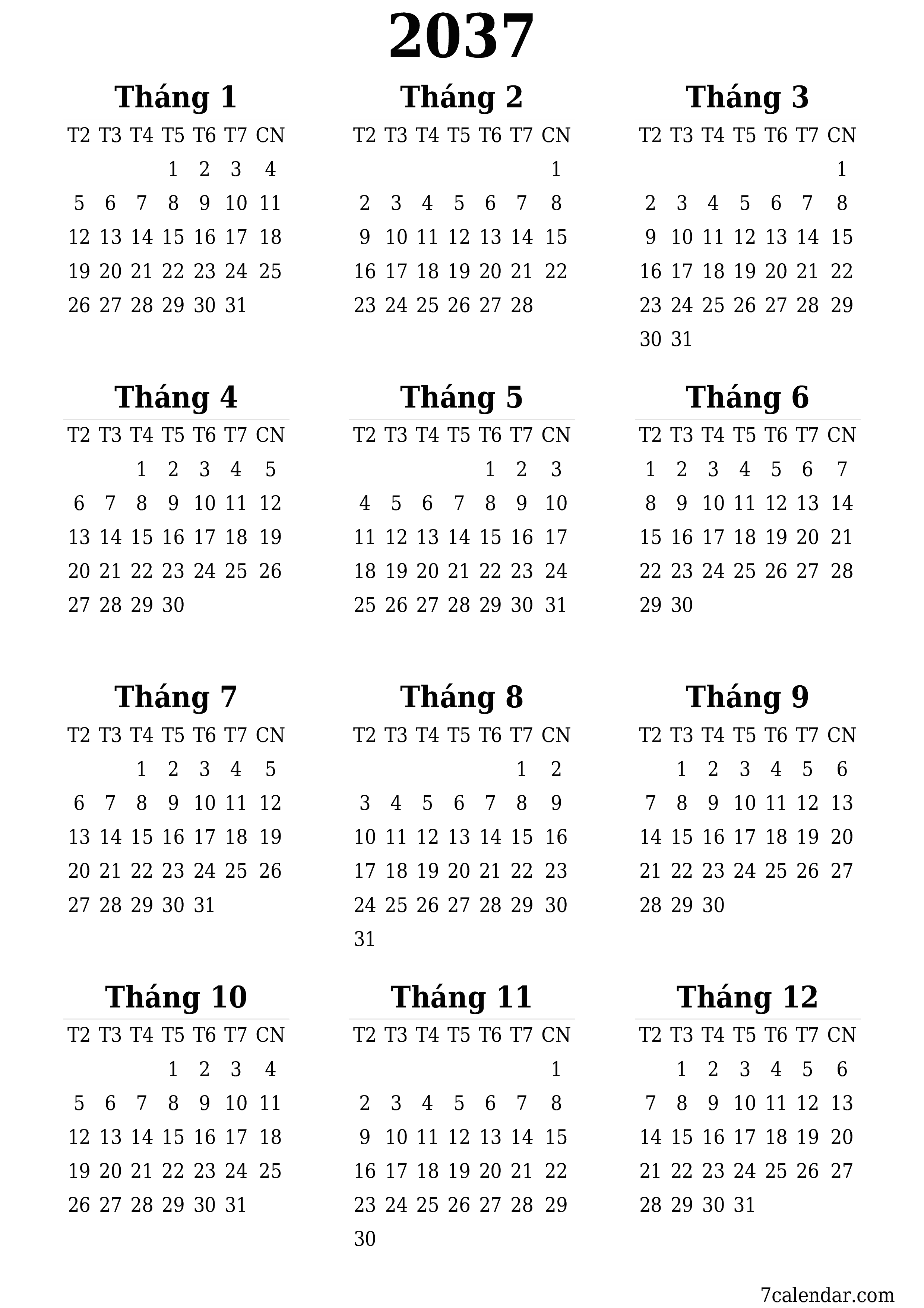  in được treo tường mẫu miễn phíthẳng đứng Hàng năm lịch Tháng 6 (Th6) 2037
