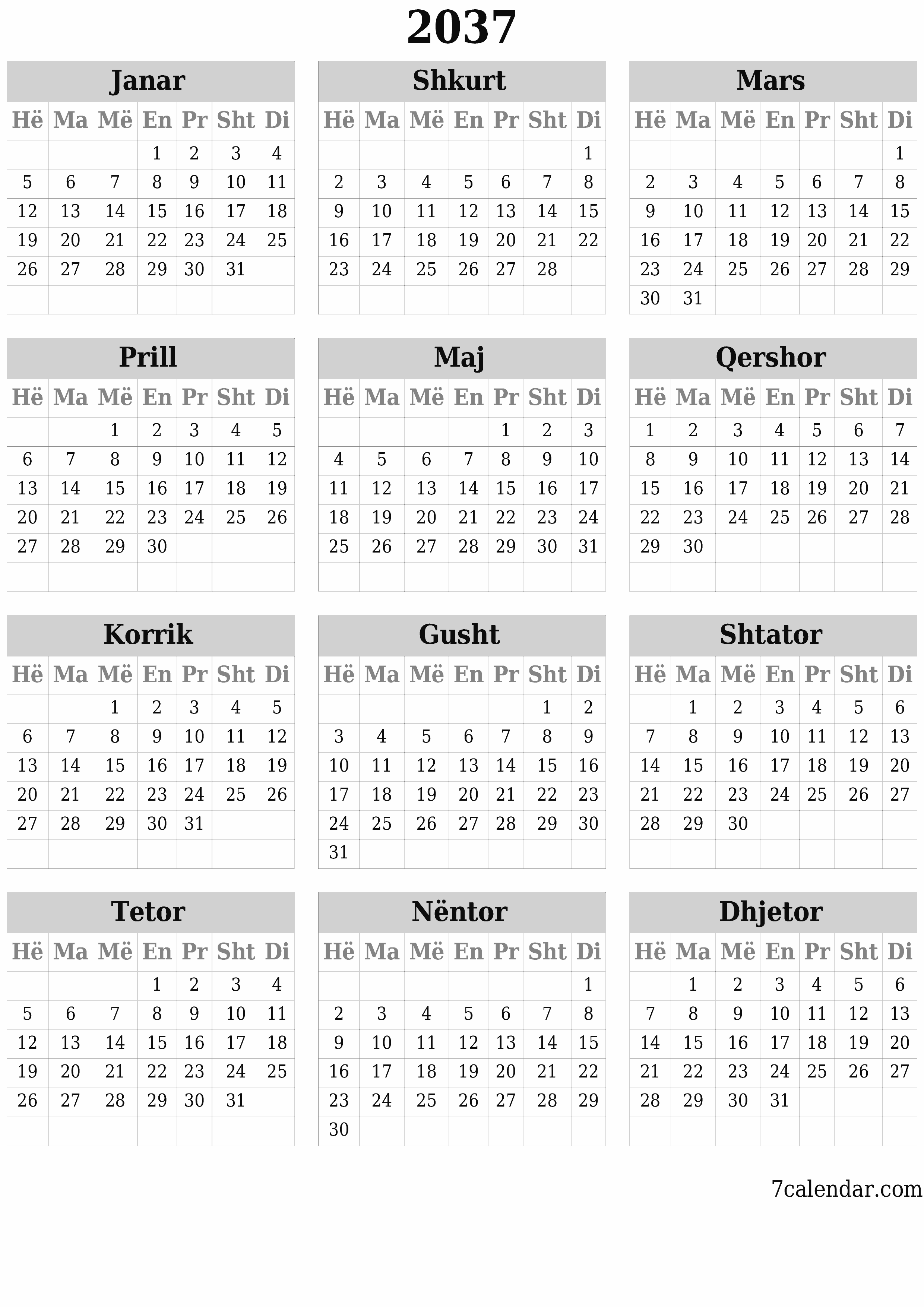 Planifikuesi bosh i kalendarit vjetor për vitin 2037 me shënime, ruani dhe printoni në PDF PNG Albanian