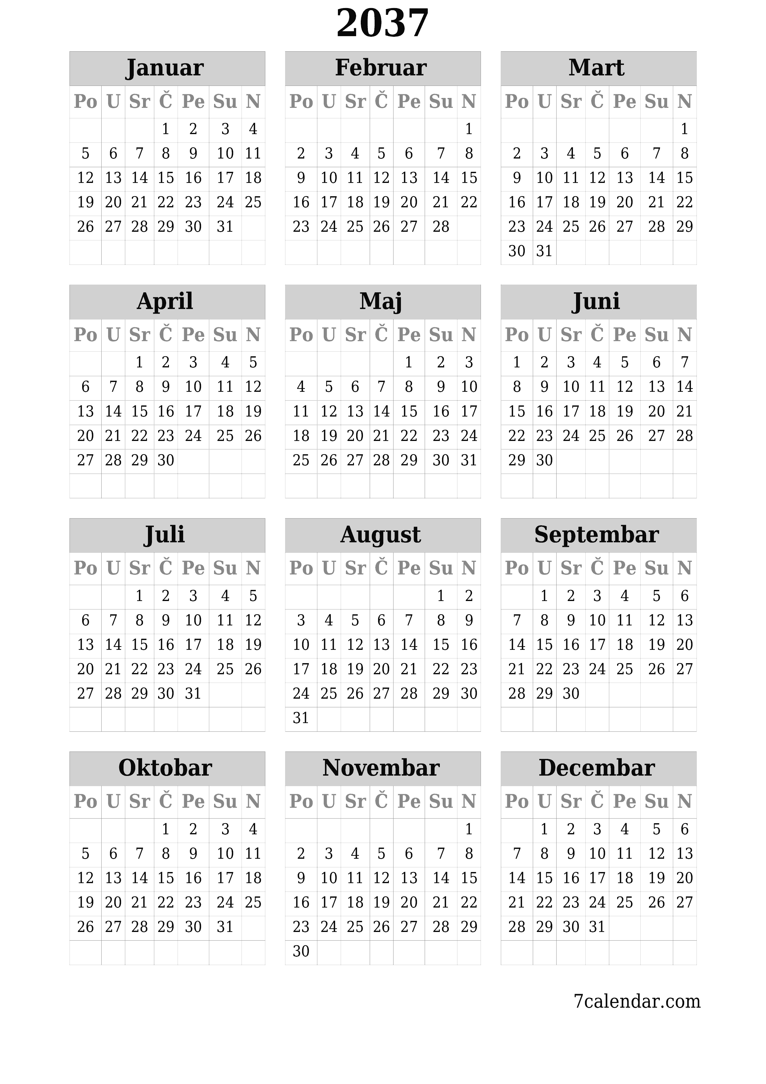  za štampanje zidni šablon a besplatni vertikalno Godišnje kalendar Juni (Jun) 2037