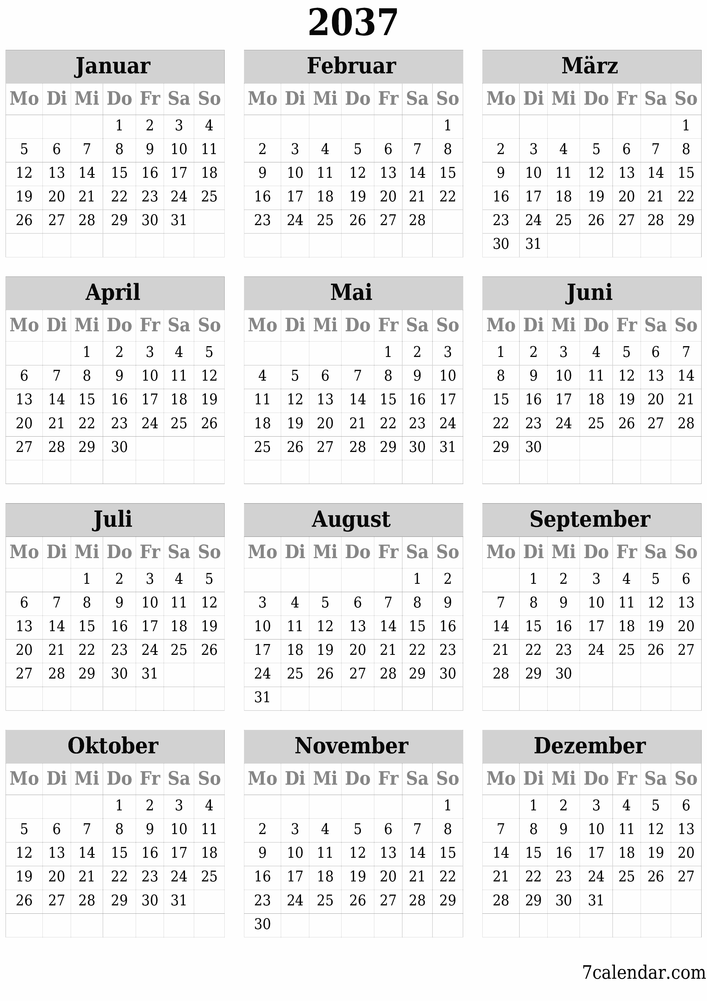 Jahresplanerkalender für das Jahr 2037 mit Notizen leeren, speichern und als PDF PNG German - 7calendar.com drucken