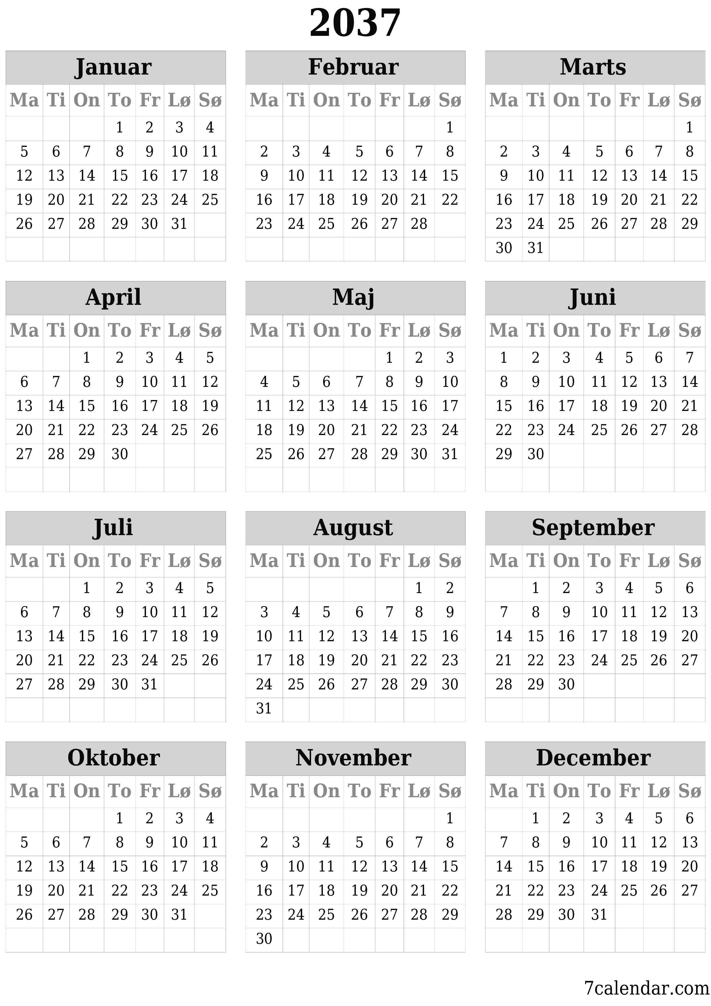 Tom årlig planlægningskalender for året 2037 med noter, gem og udskriv til PDF PNG Danish