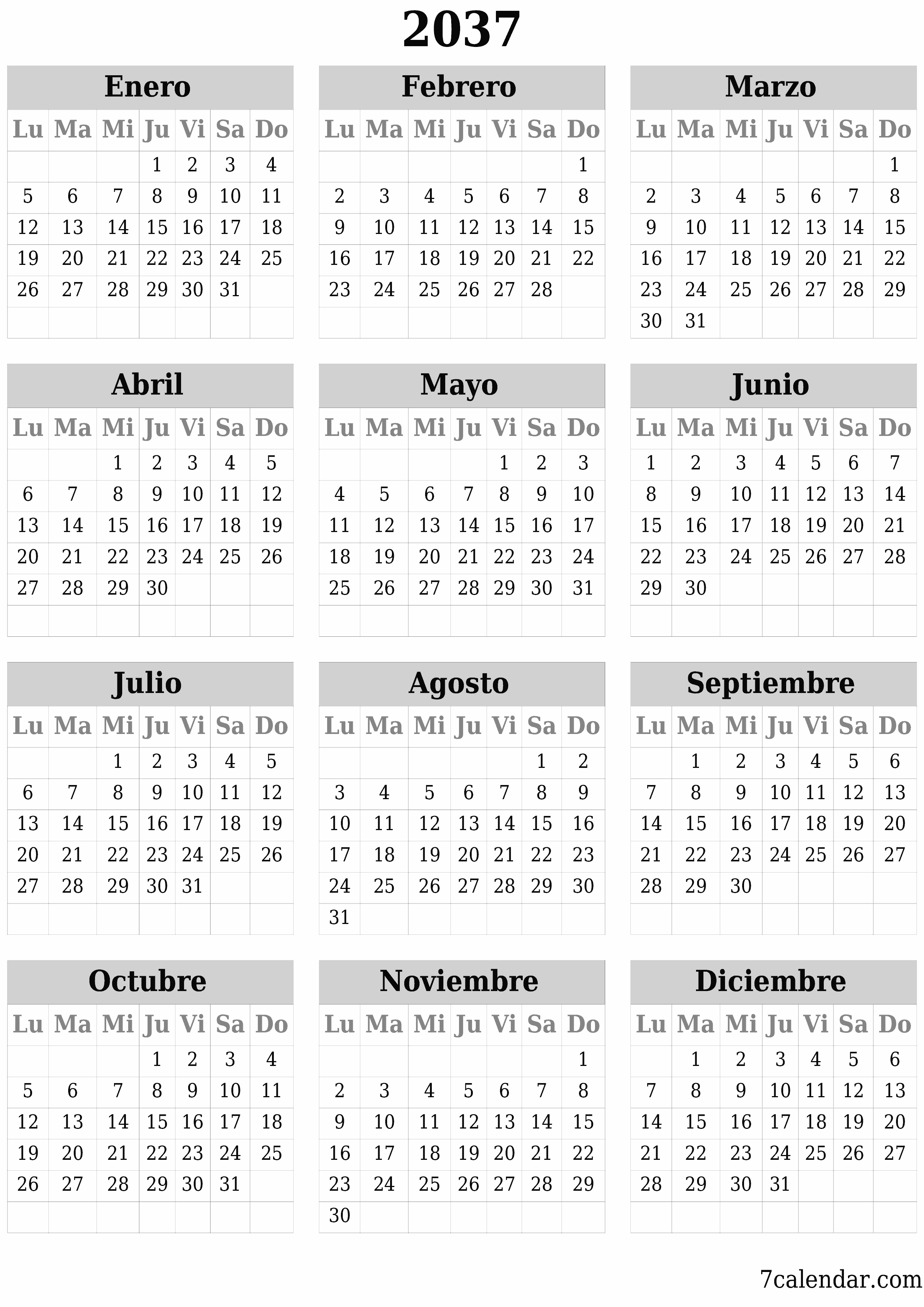 Calendario planificador anual vacío para el año 2037 con notas, guardar e imprimir en PDF PNG Spanish