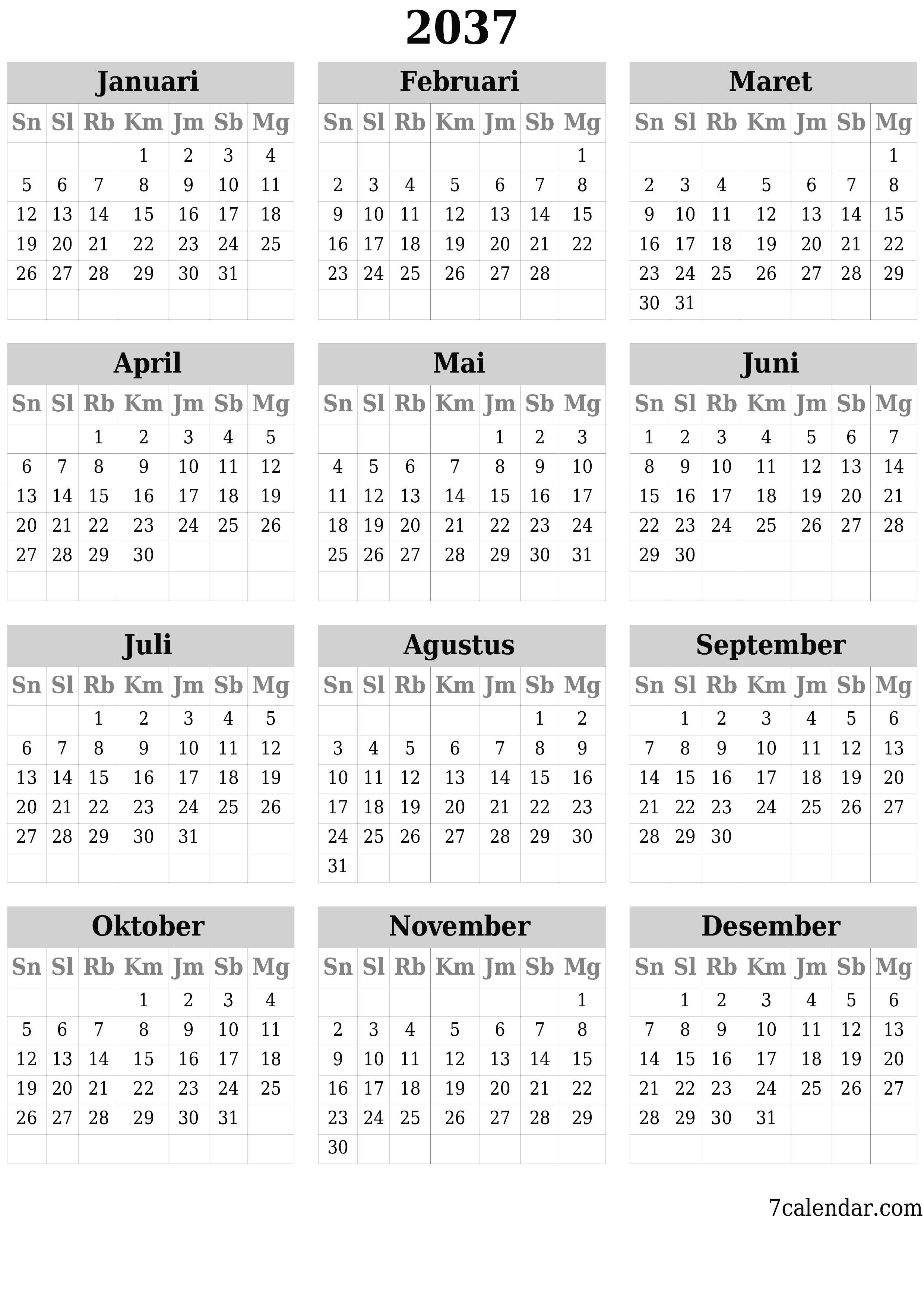 Kosongkan kalender perencana tahunan untuk tahun ini 2037 dengan catatan, simpan dan cetak ke PDF PNG Indonesian