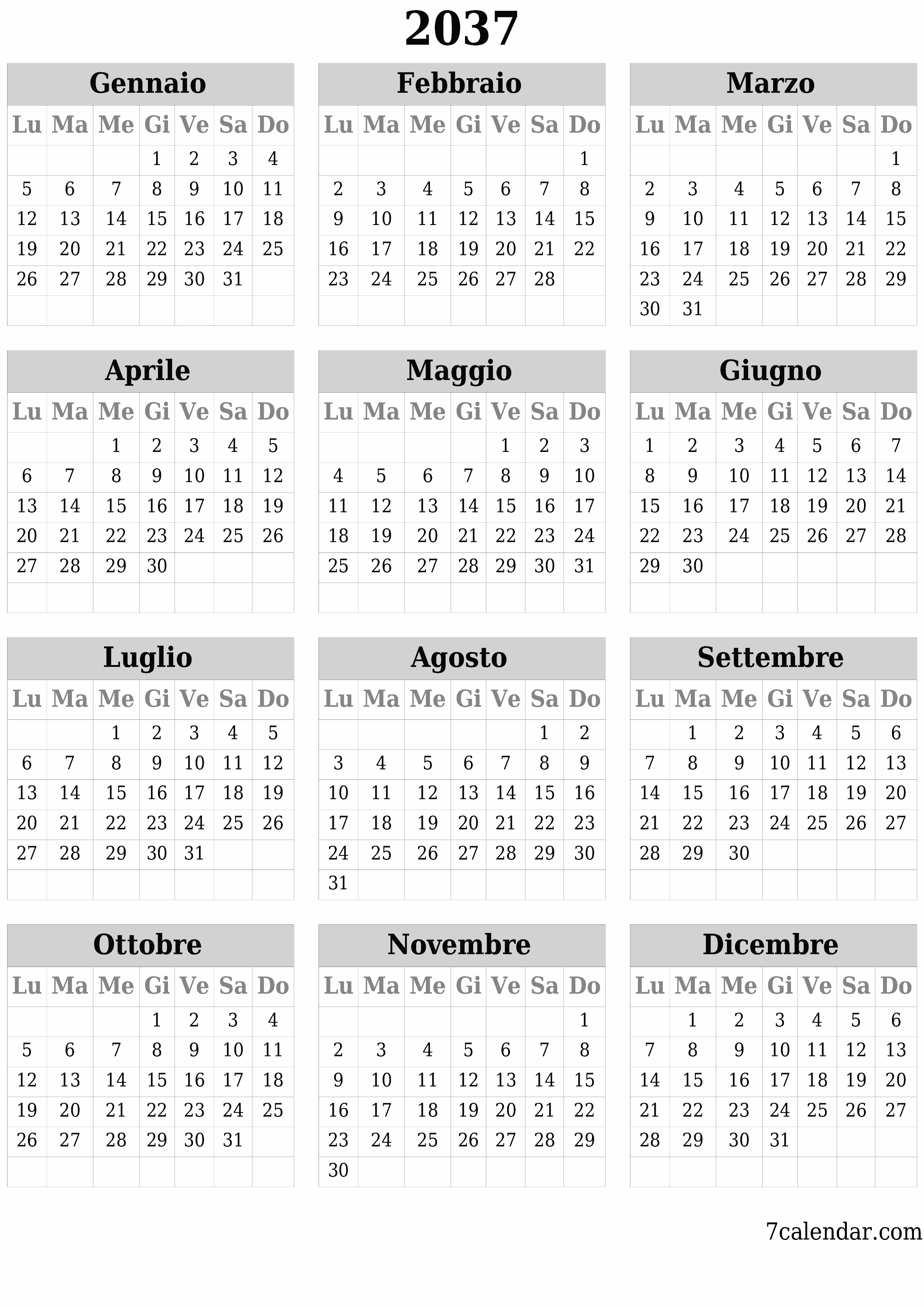 Calendario pianificatore annuale vuoto per l'anno 2037 con note, salva e stampa in PDF PNG Italian