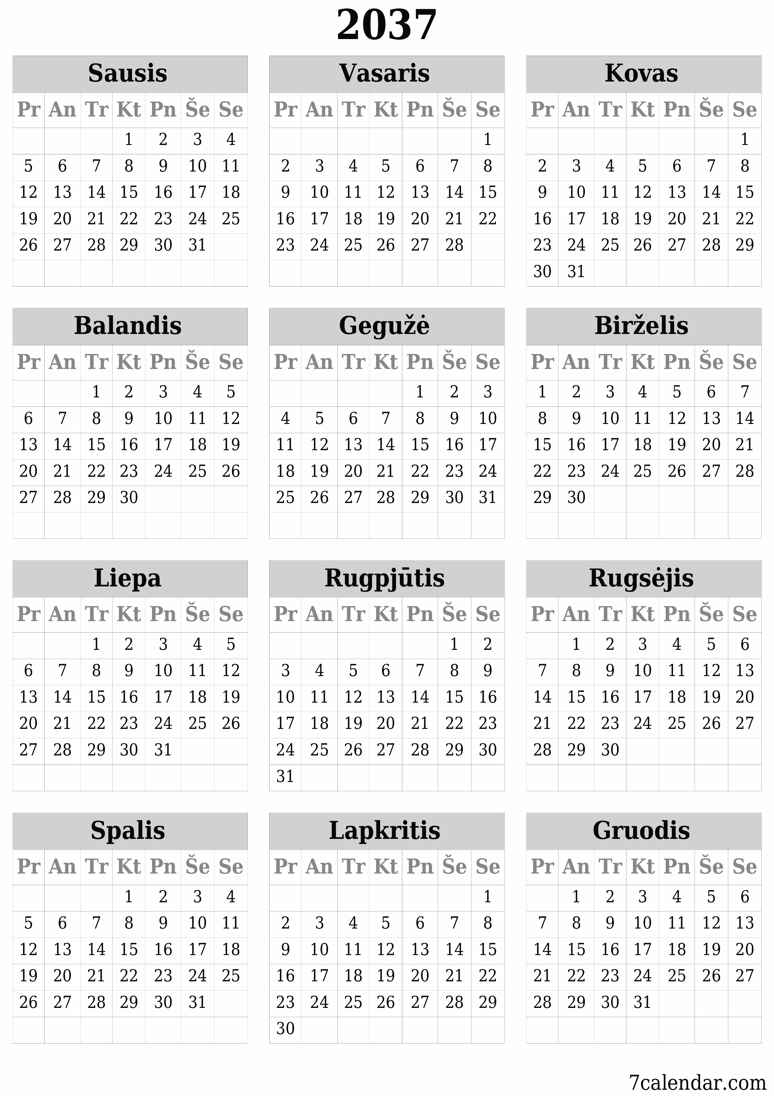 spausdinamas sieninis kalendoriaus šabloną nemokamas vertikaliai Kasmet kalendorius Birželis (Bir) 2037