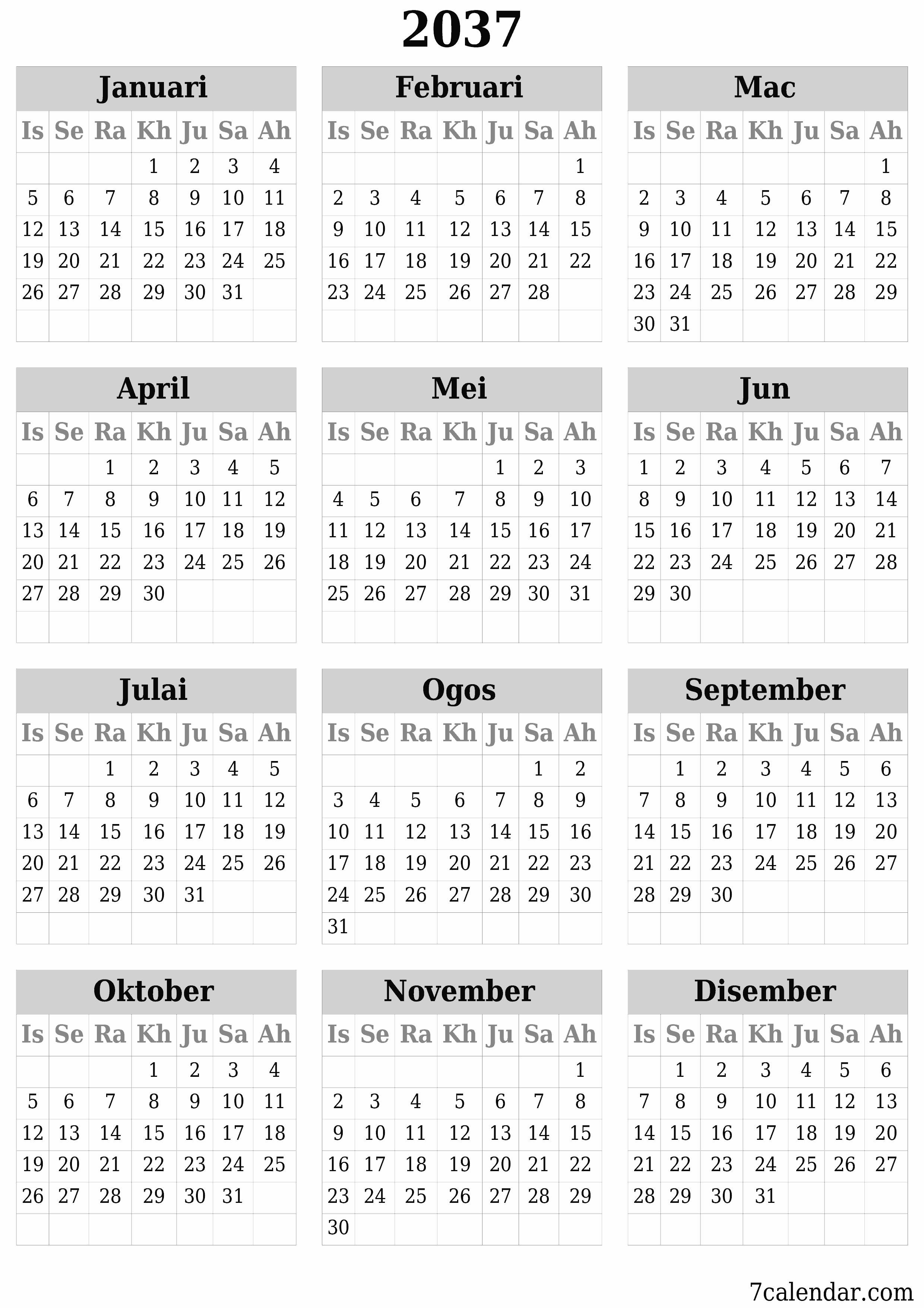 Kalendar perancang tahunan kosong untuk tahun ini 2037 dengan nota, simpan dan cetak ke PDF PNG Malay