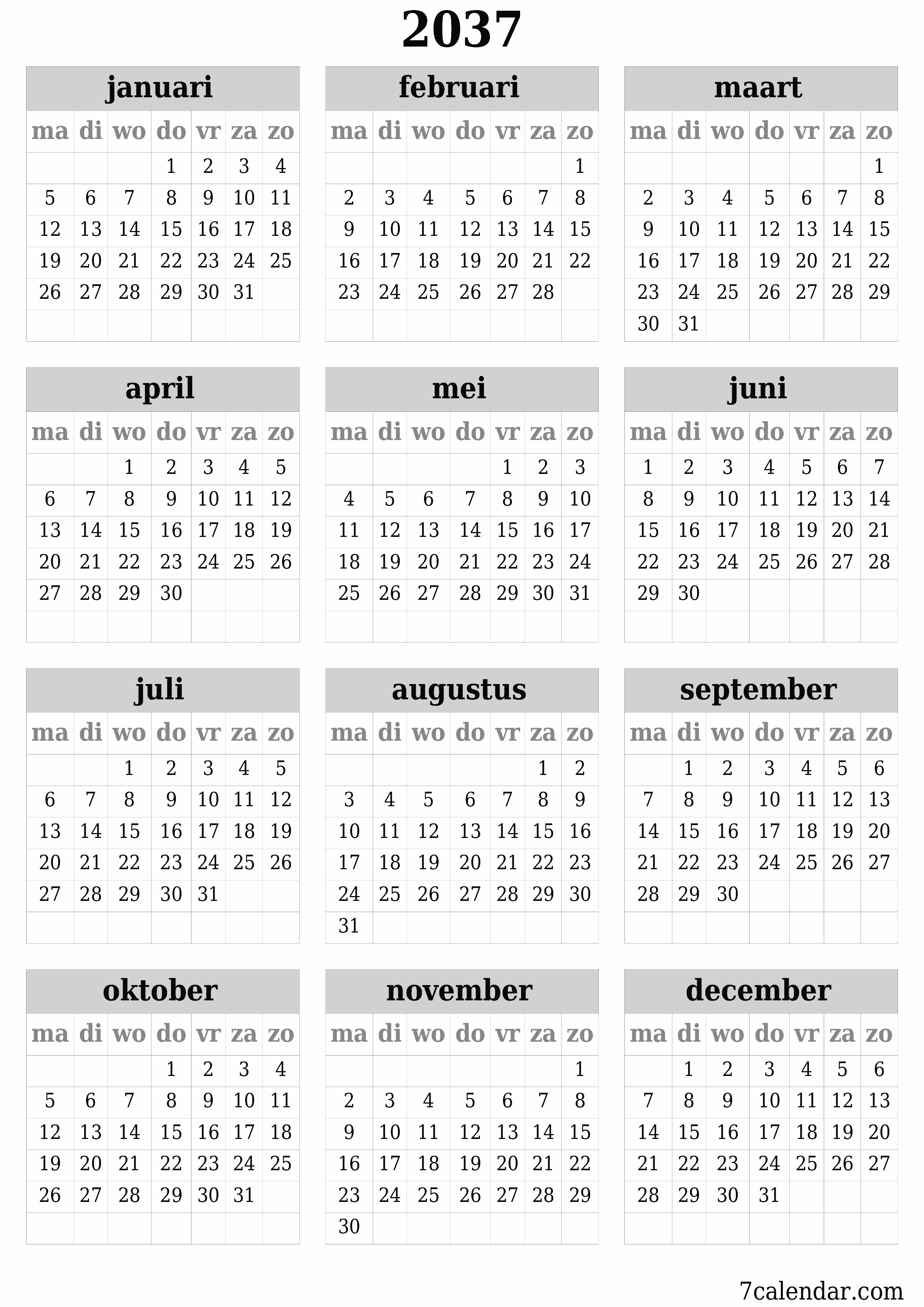 Lege jaarplanningskalender voor het jaar 2037 met notities, opslaan en afdrukken naar pdf PNG Dutch