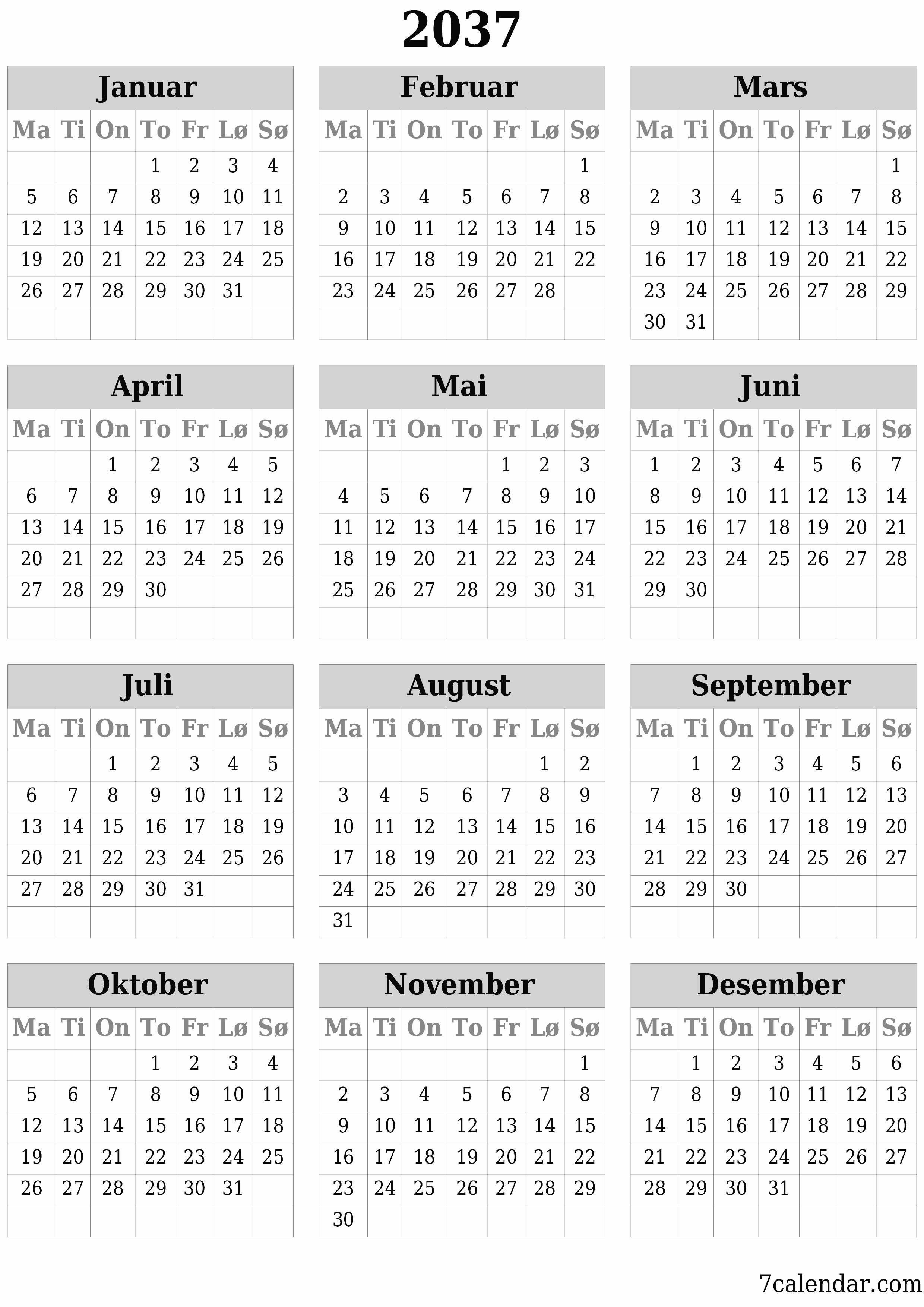 Tom årlig planleggerkalender for året 2037 med notater, lagre og skrive ut i PDF PNG Norwegian