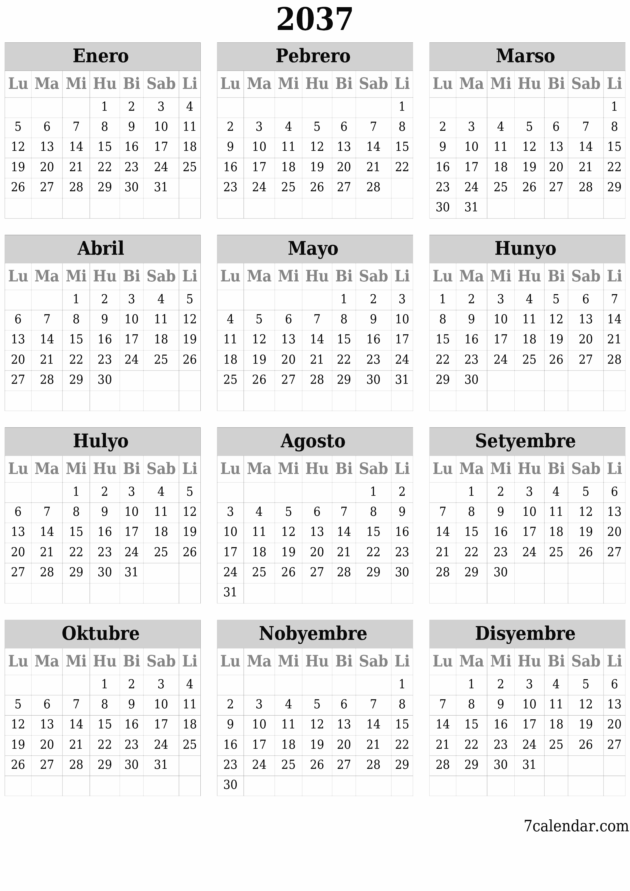 napi-print na sa dingding template ng libreng patayo Taunan kalendaryo Hunyo (Hun) 2037