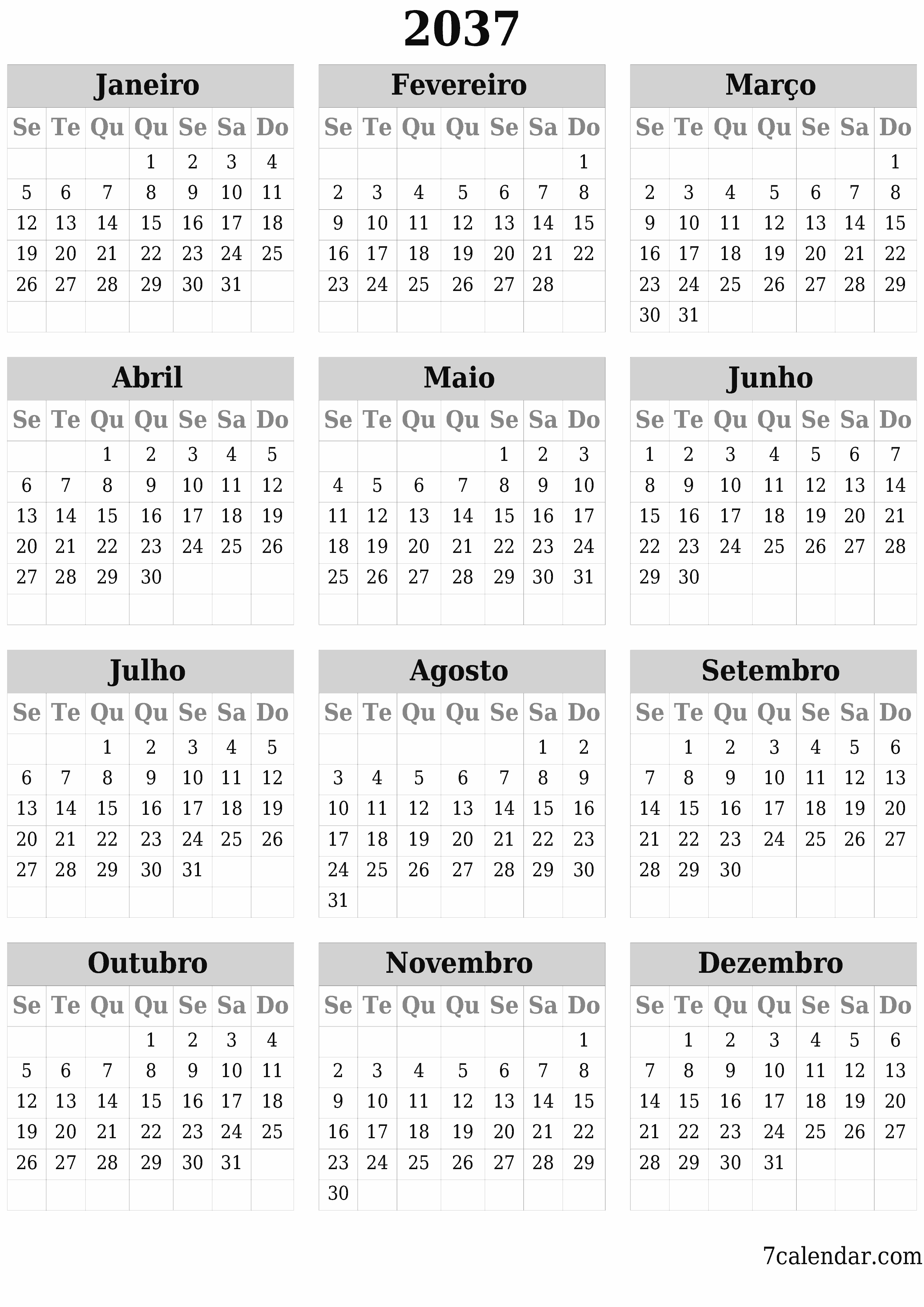 Calendário de planejador anual vazio para o ano 2037 com notas, salve e imprima em PDF PNG Portuguese