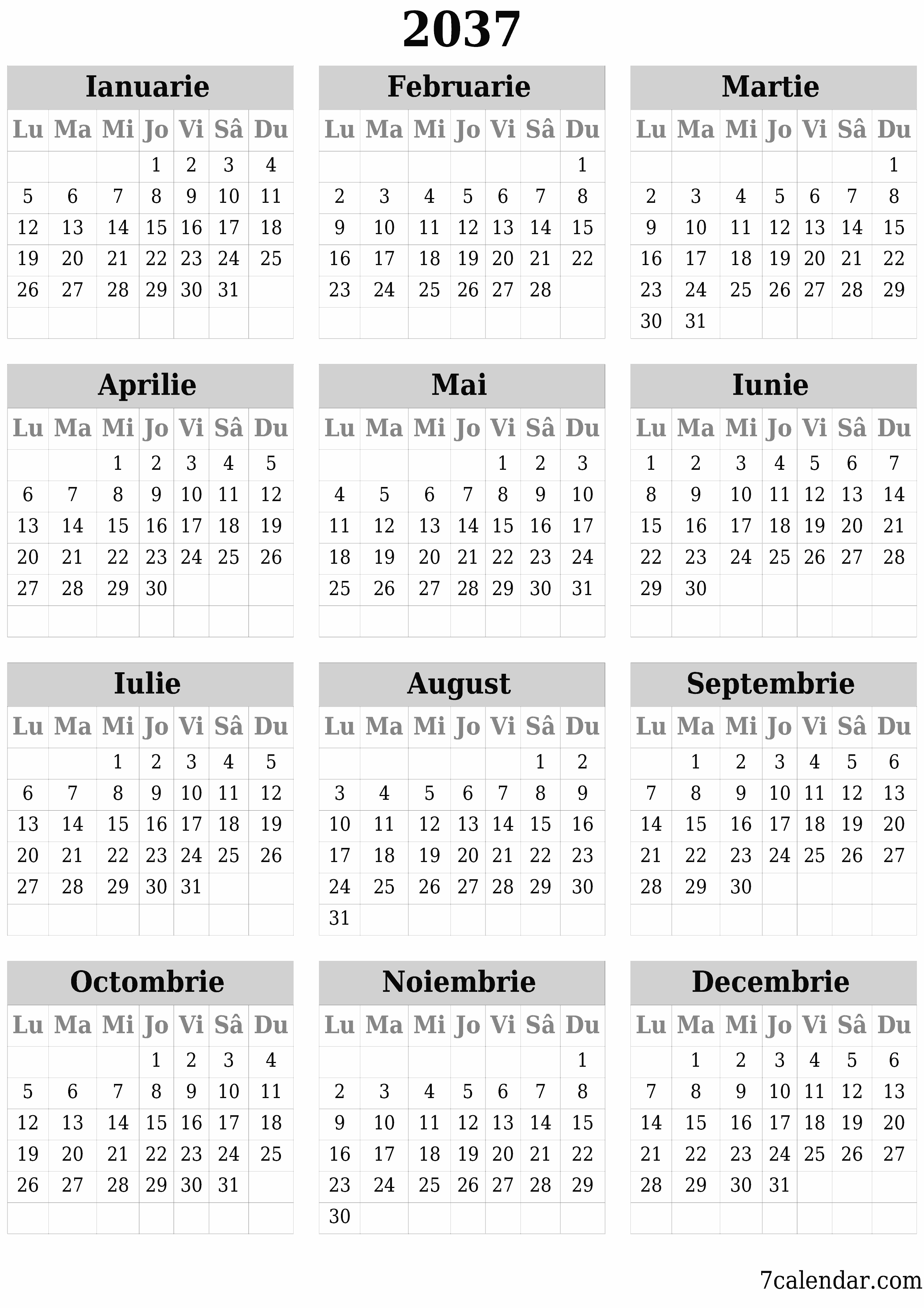 Goliți calendarul anual al planificatorului pentru anul 2037 cu note, salvați și tipăriți în PDF PNG Romanian