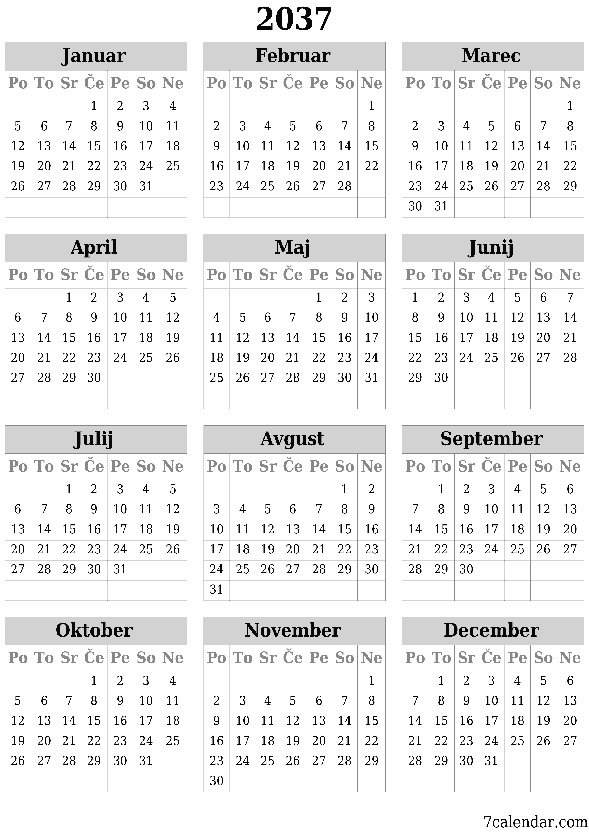 Prazen letni načrtovalec koledarja za leto 2037 z opombami za tiskanje v PDF-ju PNG Slovenian