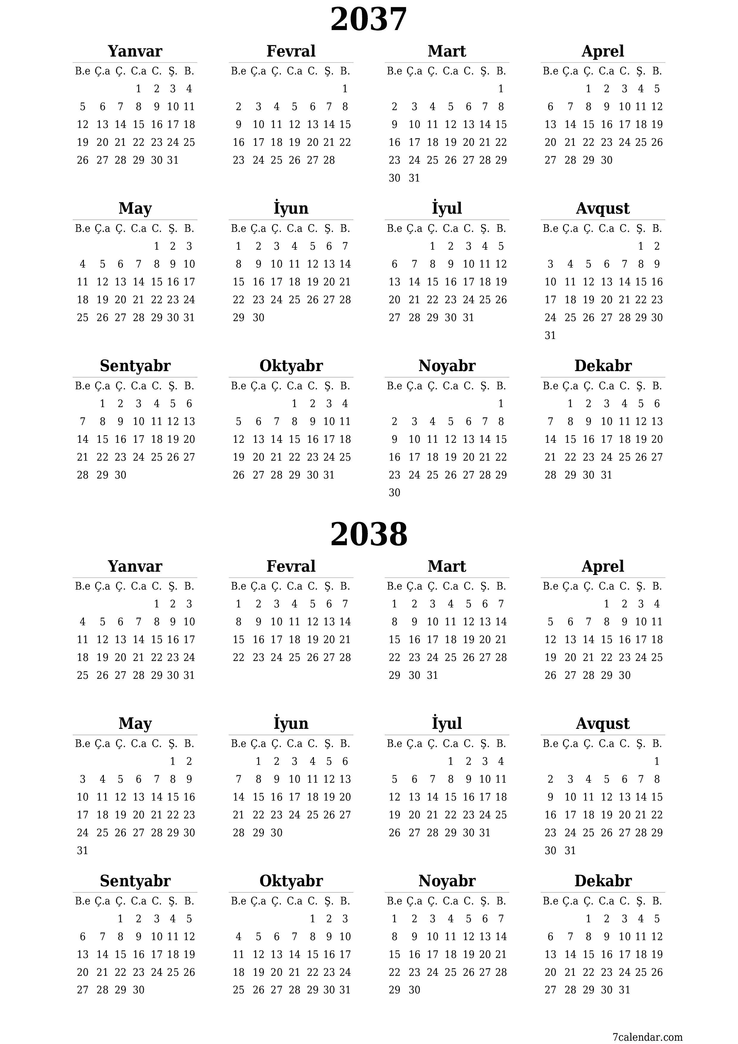 çap edilə bilən divar i şablonu pulsuz şaquli İllik təqvim İyun (İyun) 2037