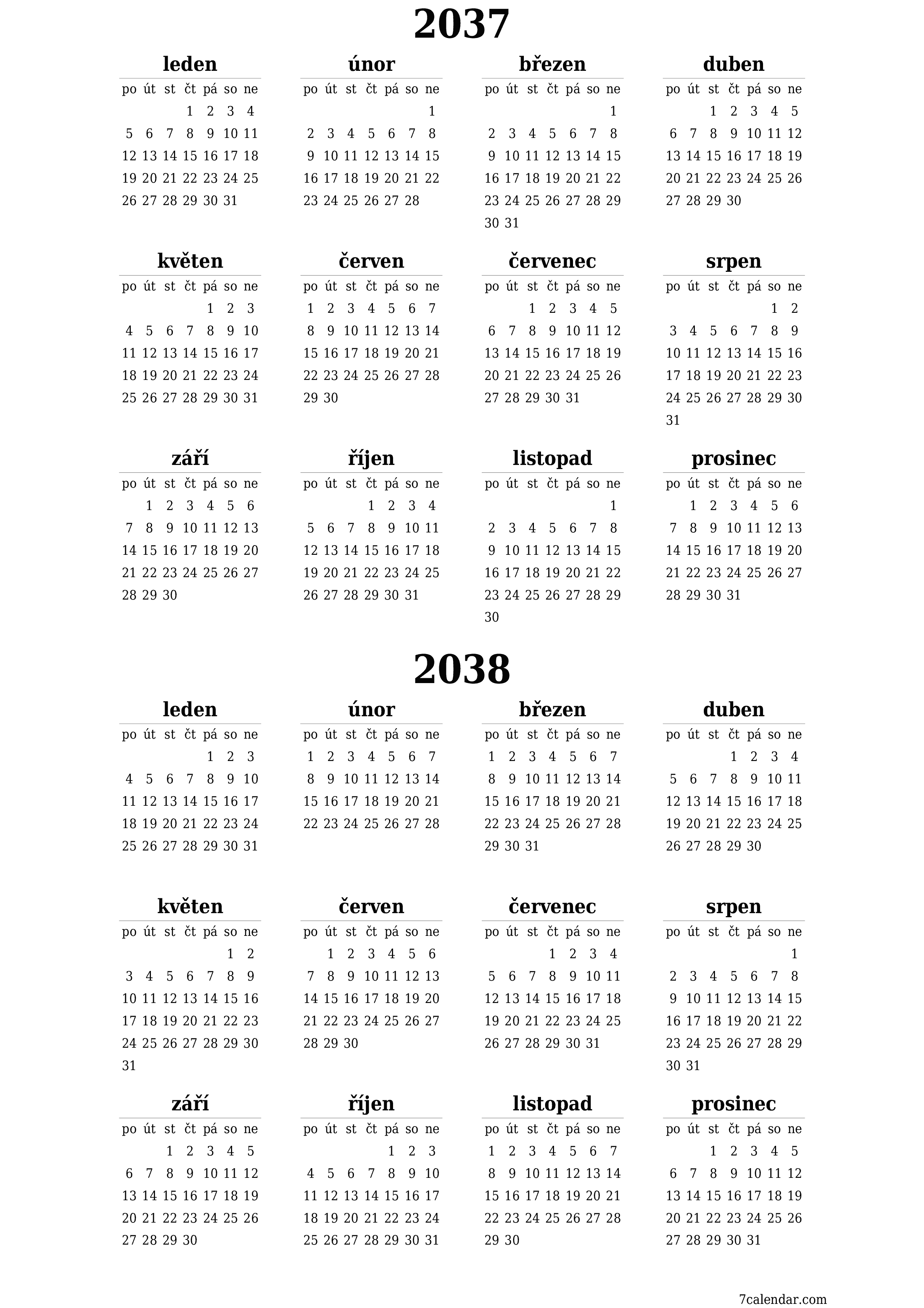  pro tisk nástěnný šablona e zdarmavertikální Roční kalendář červen (čvn) 2037